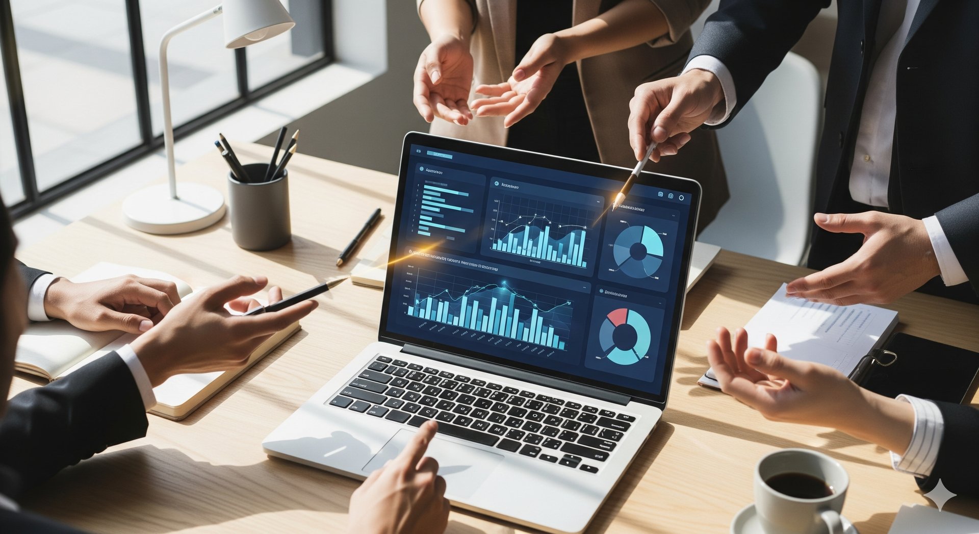 A group of professionals collaborating around a laptop with a financial dashboard displaying colorful abstract charts.