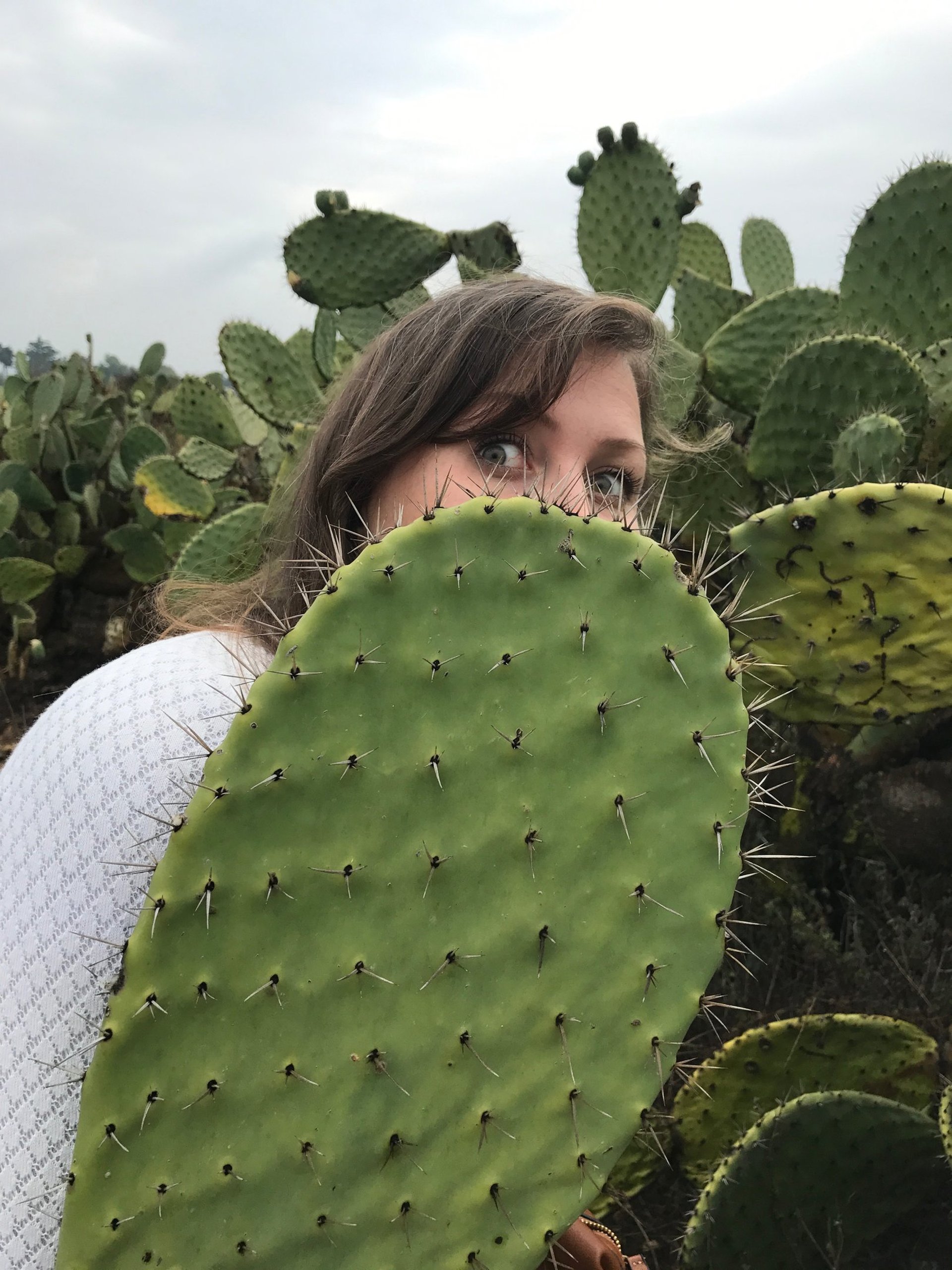 Marie Rina Rose derrière un grand Cactus au Mexique 