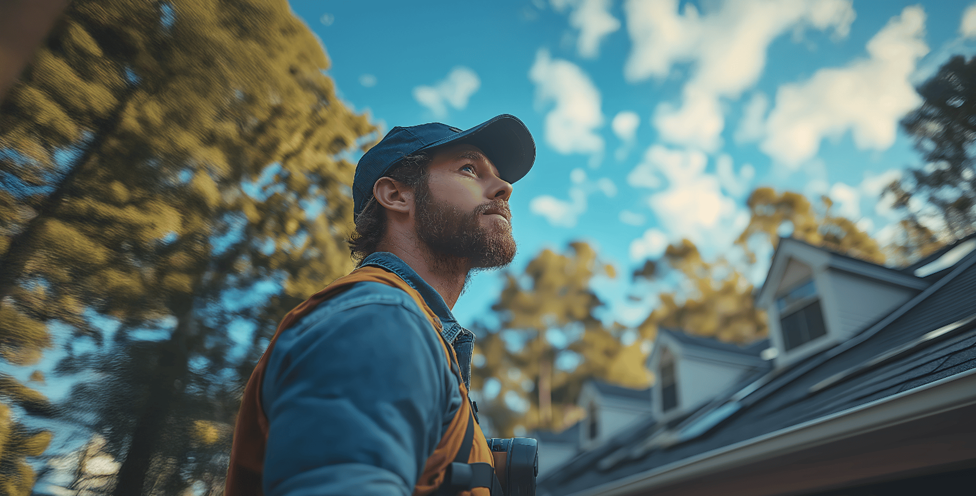 Man cleans gutters on a two story house