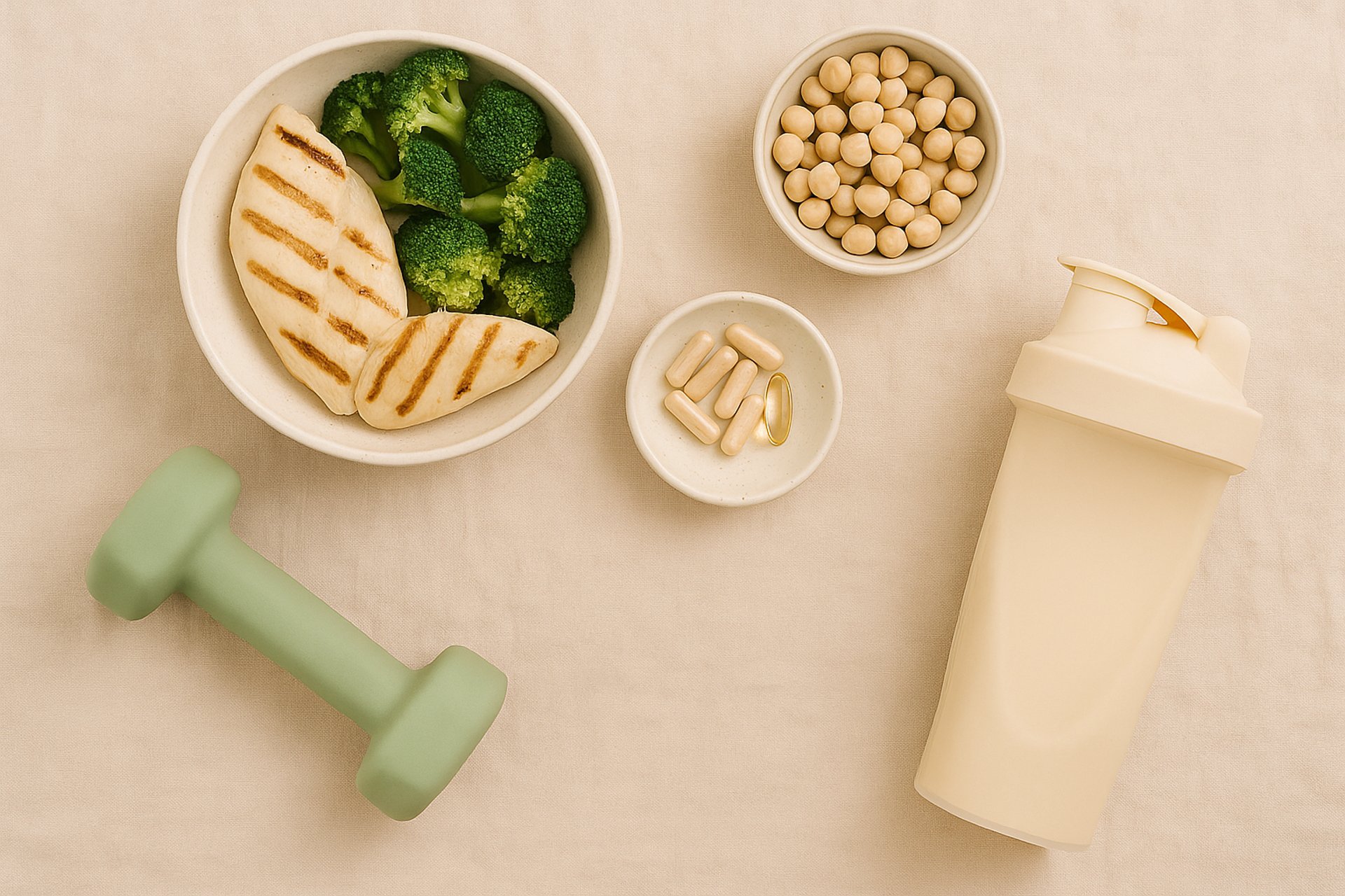 person holding white liquid filled cup above two pairs of dumbbells