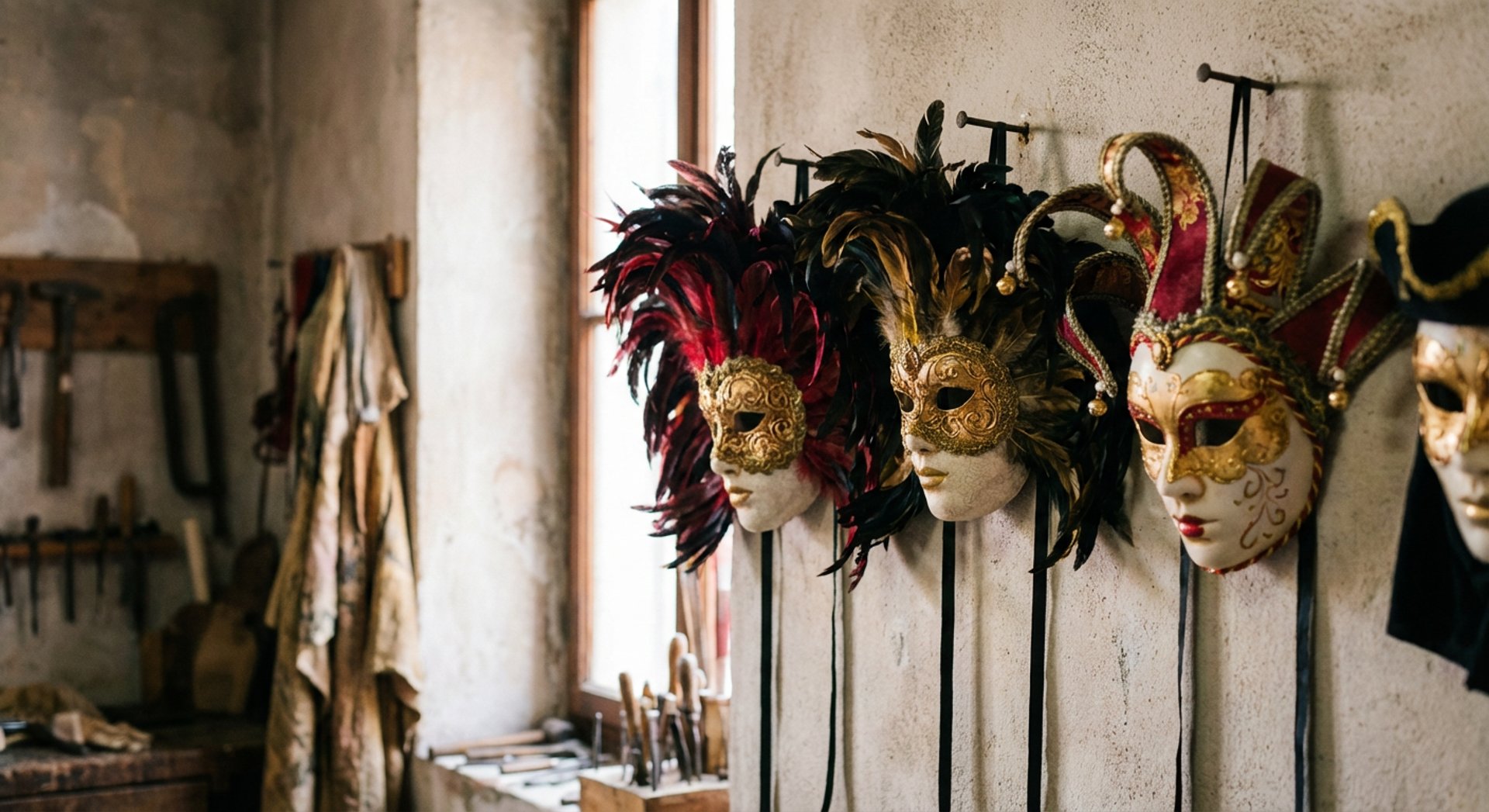 a close-up of some masks