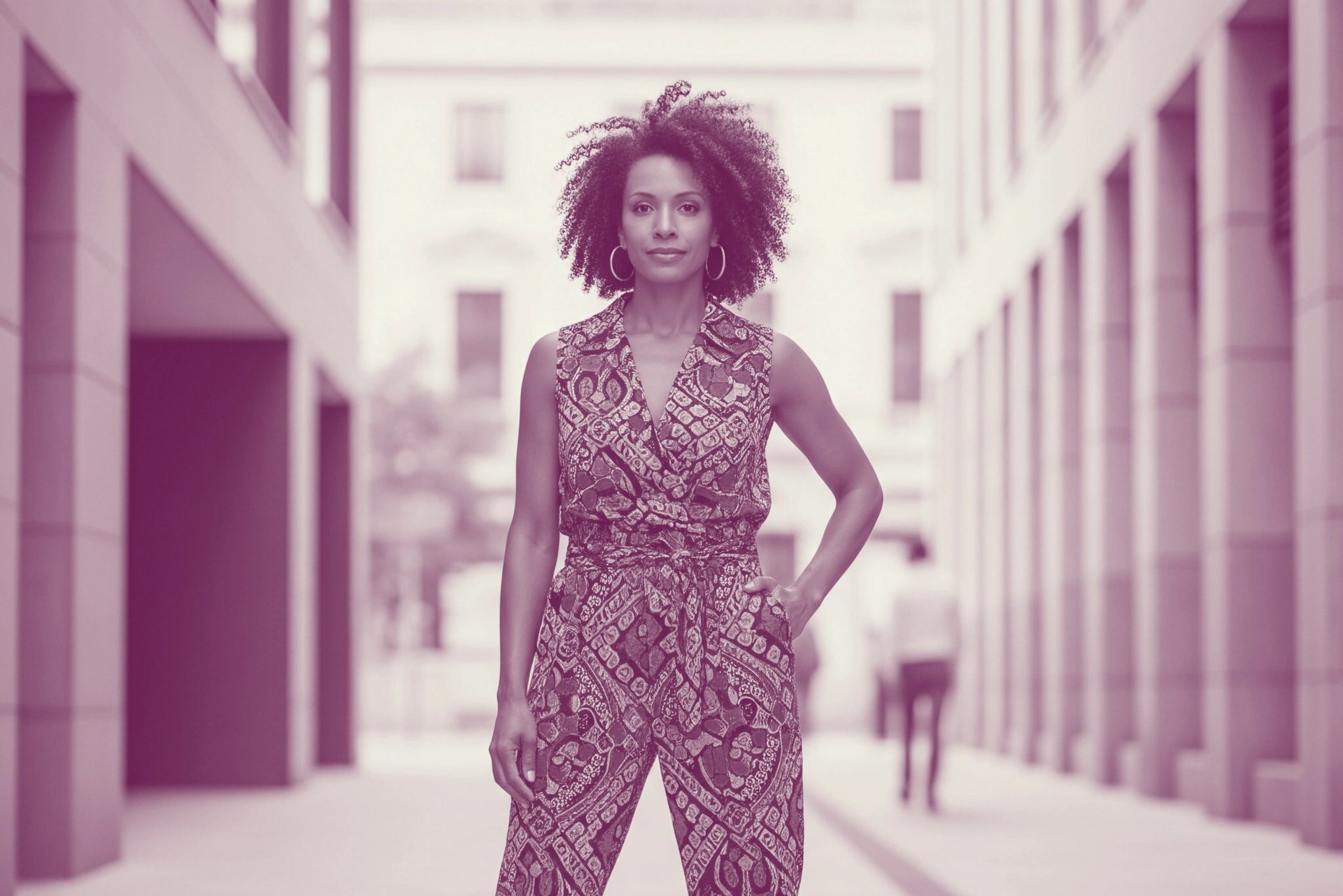 A confident Black woman in a vibrant outfit stands proudly in an urban setting, highlighting her individuality and power
