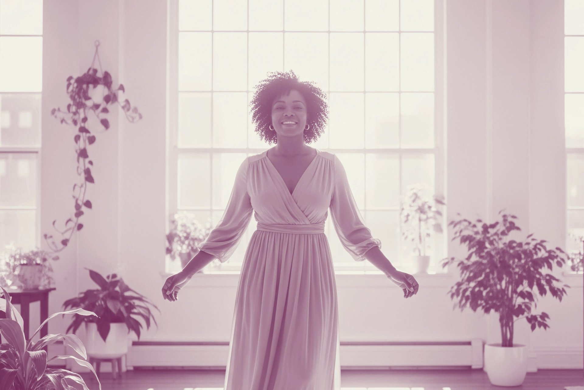 A radiant Black woman smiles serenely in a bright, modern apartment with plants, embodying peace and self-love