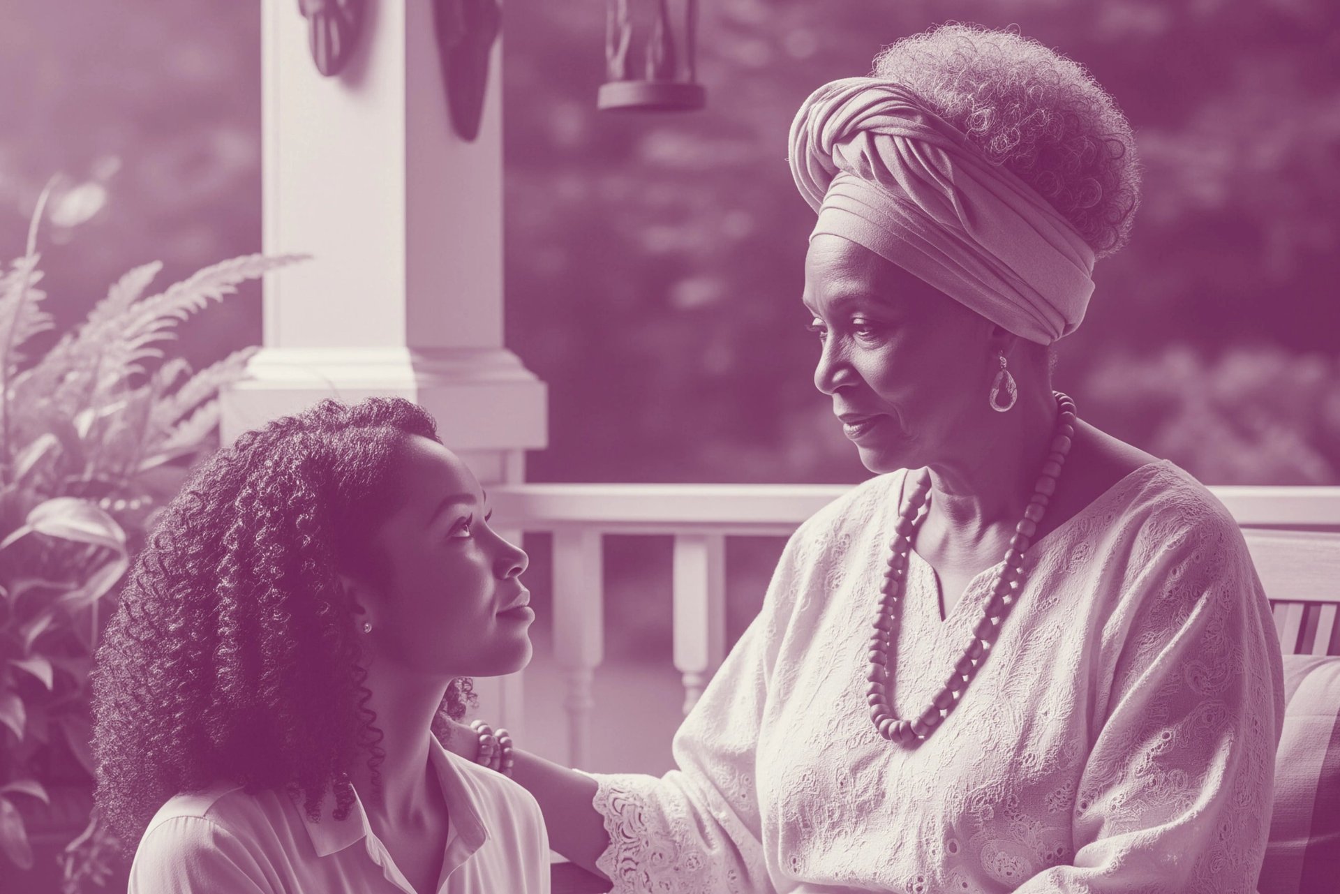 A powerful older Black woman and a younger Black woman sit together, sharing a moment of quiet guidance and respect
