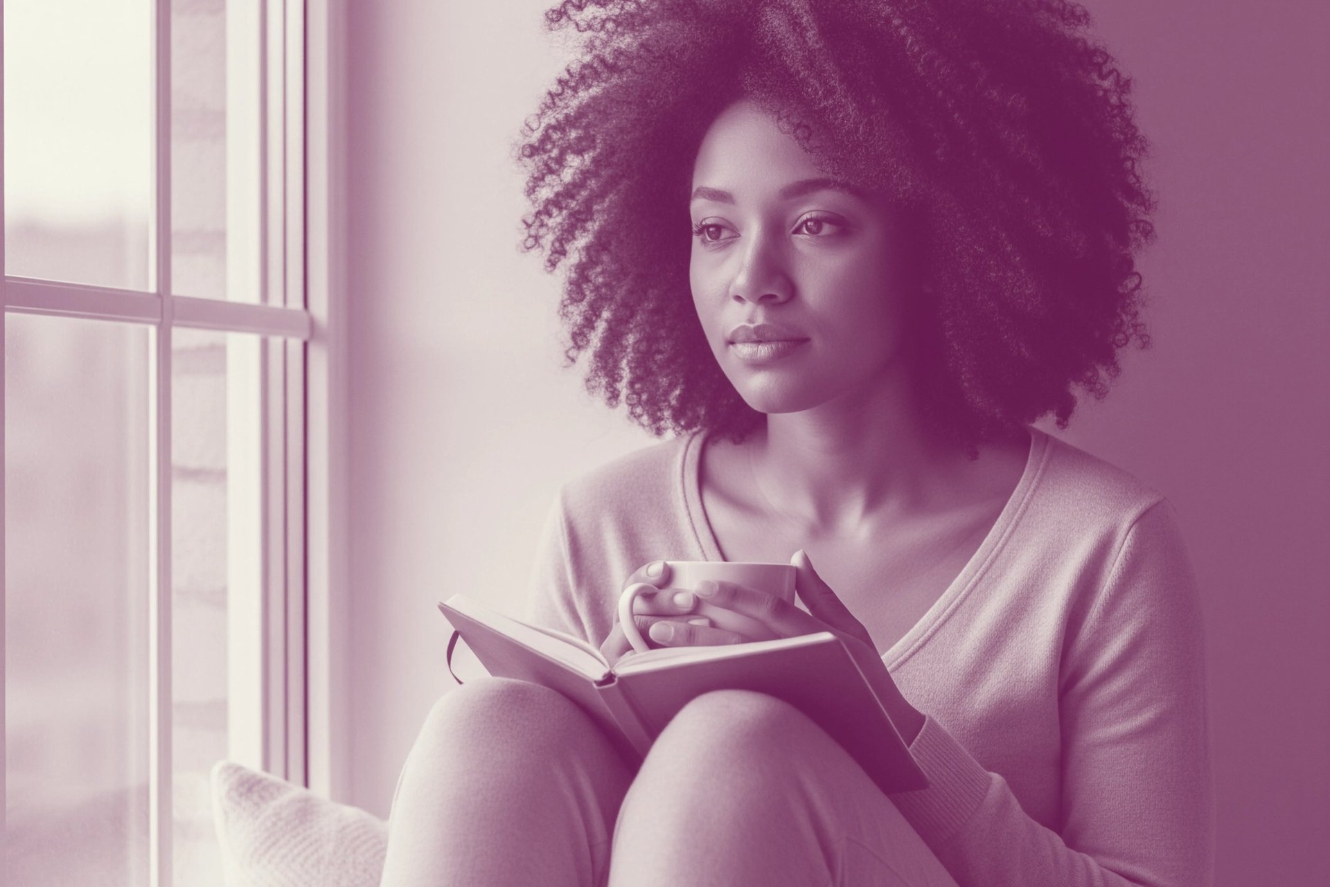 A Black woman sits contemplatively by a window, embodying quiet strength and self-reflection