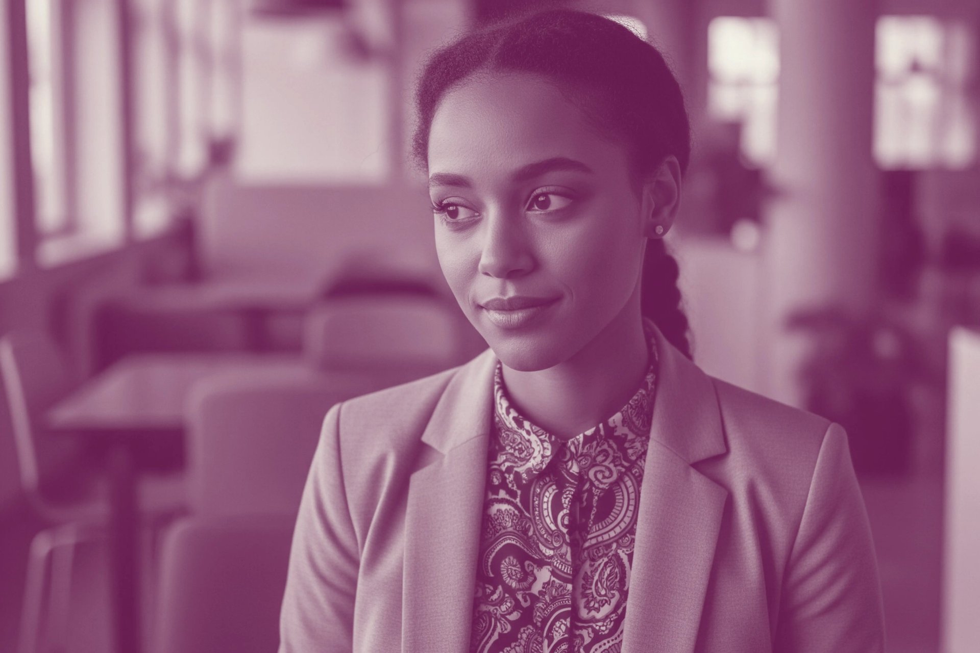 Young Black woman in a modern office, wearing a blazer over an Ankara-patterned blouse, with a thoughtful expression.