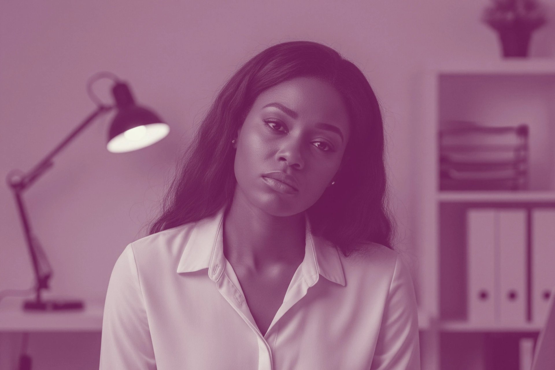 A weary Black woman sitting alone in a dimly lit office, appearing exhausted and contemplative