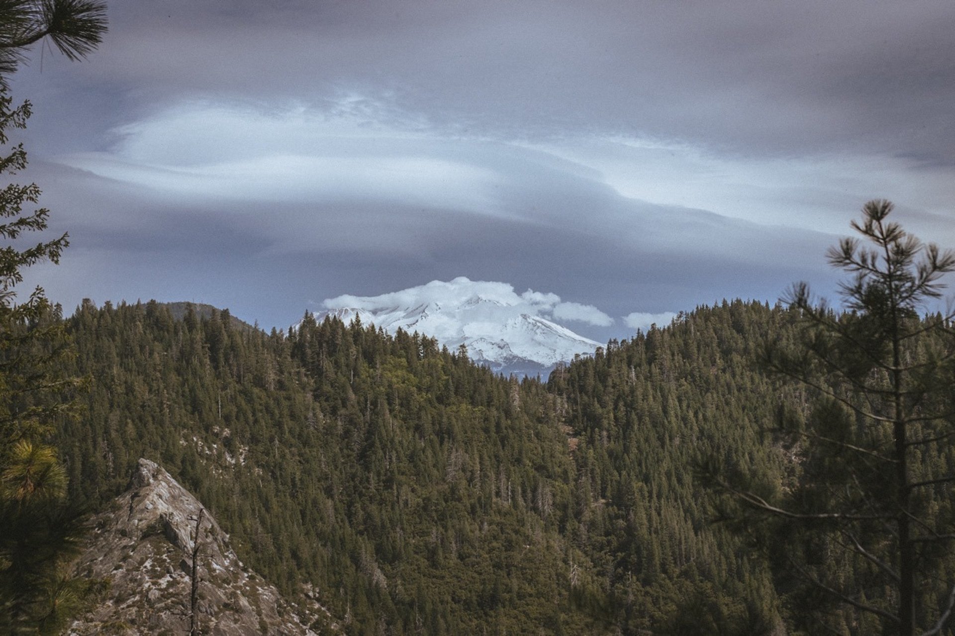 mount shasta from castle crags wilderness in a storm