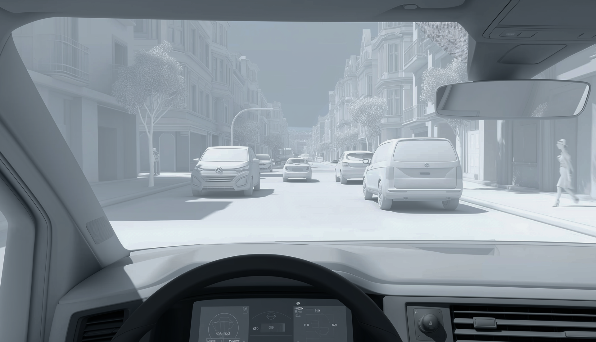 Driver’s view through the windshield in city traffic, illustrating accident risk context for claims management.