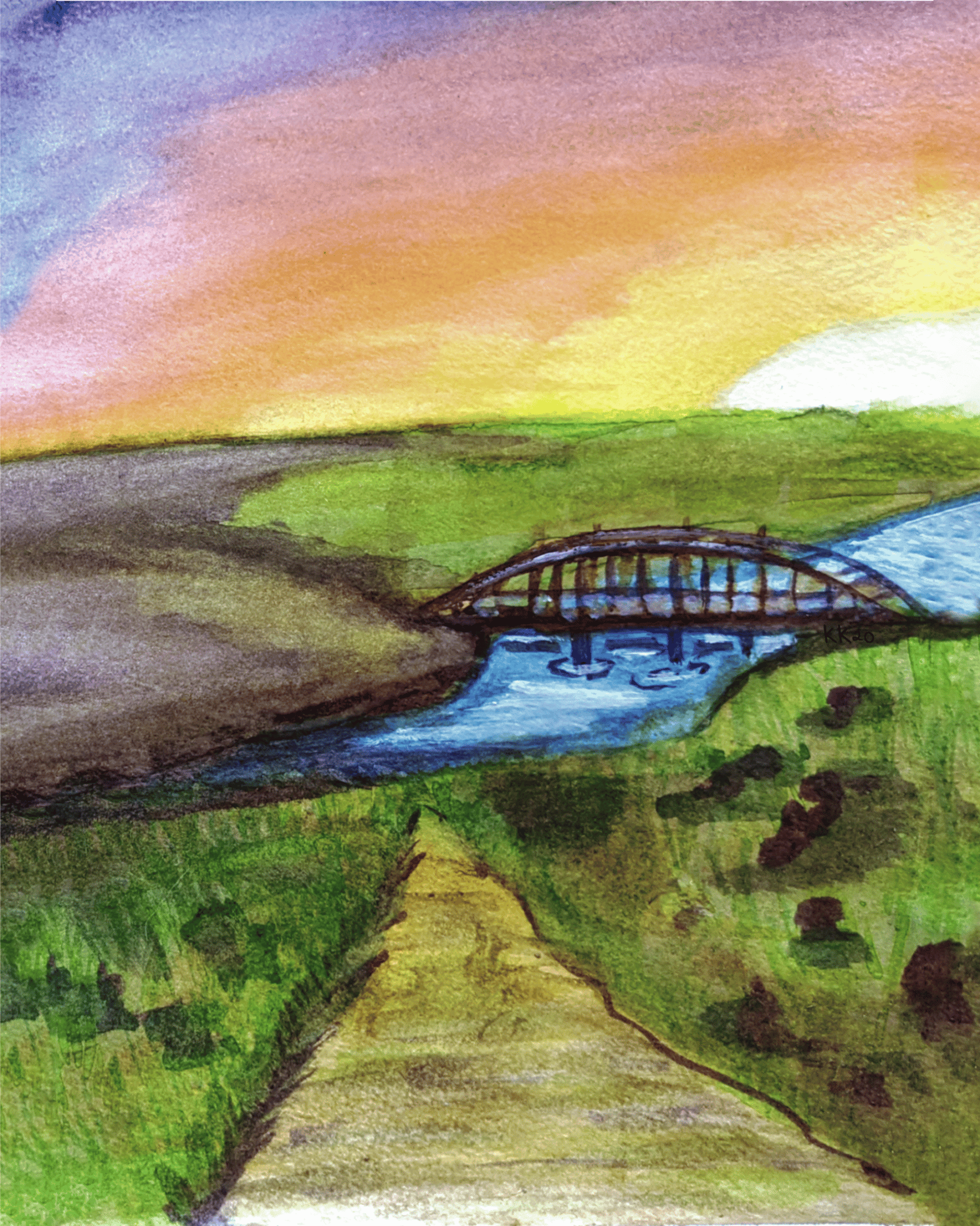 A watercolor painting of a bridge at sunset