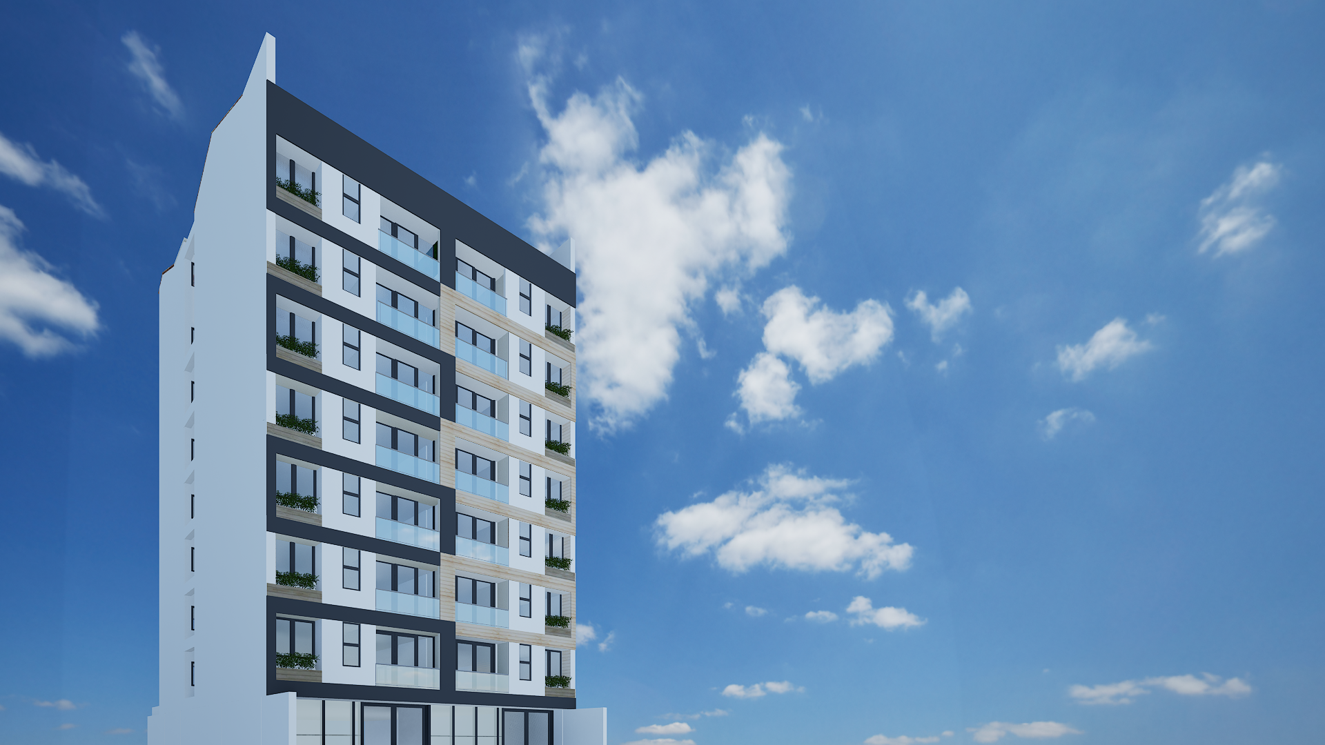 an abstract photo of a curved building with a blue sky in the background