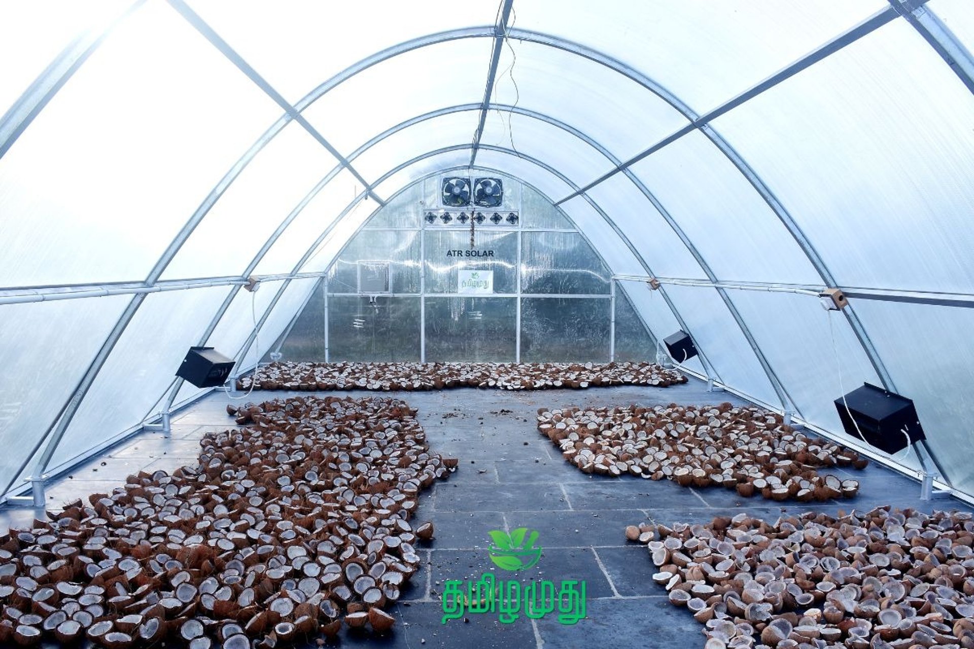 Solar dryer plant used to dry copra for Tamilamuthu Pollachi cold pressed coconut oil