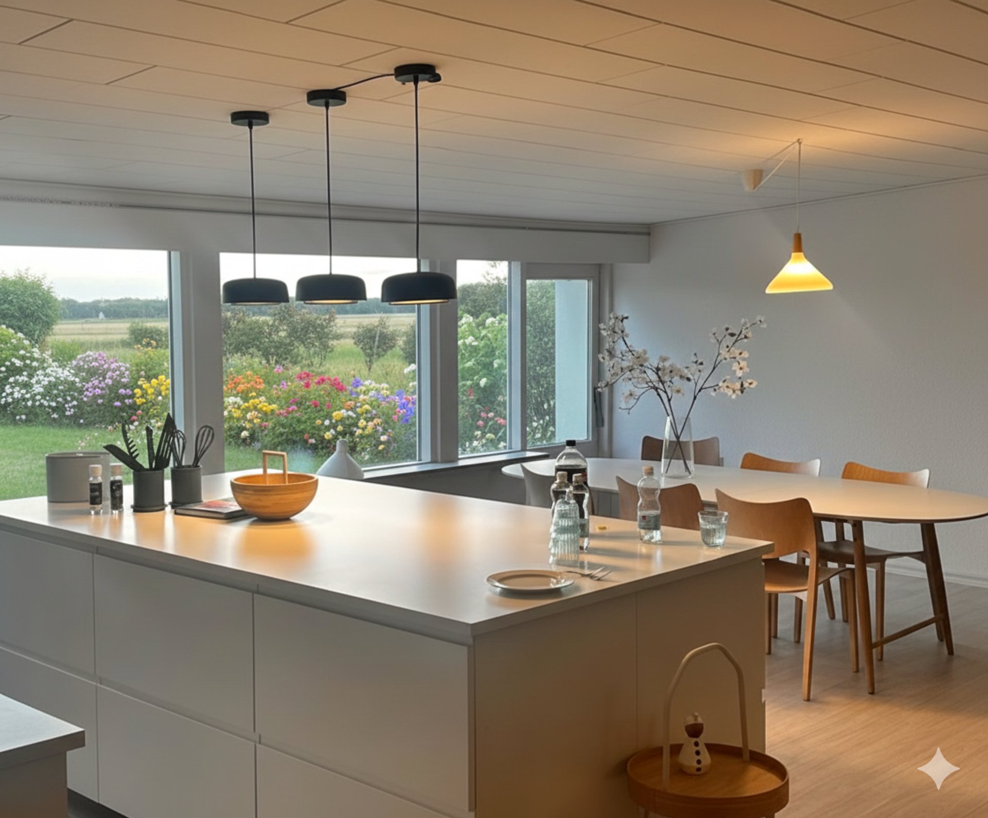 a group of chairs sitting around a fire in the woods