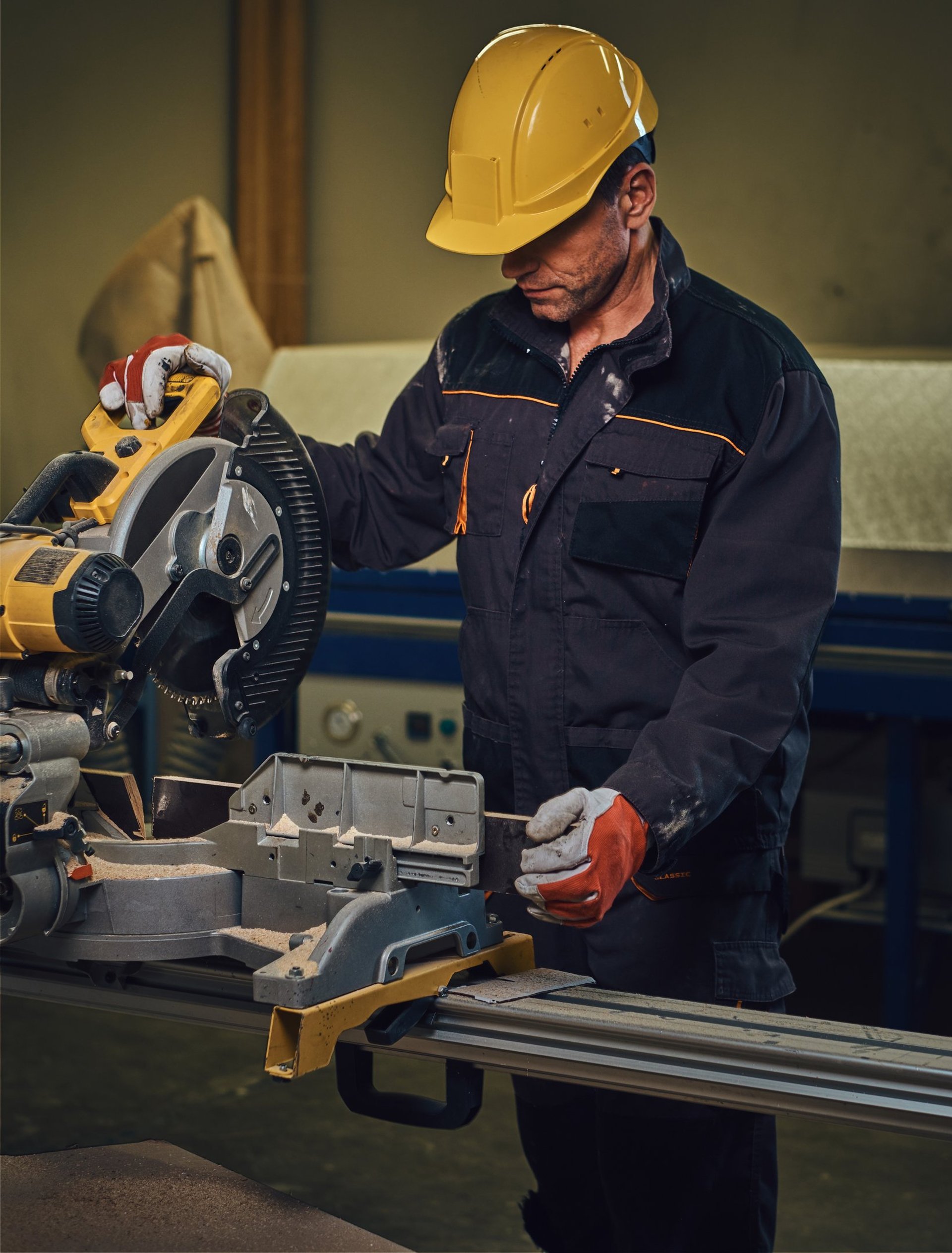 man in brown and white plaid dress shirt and yellow hard hat holding black and orange
