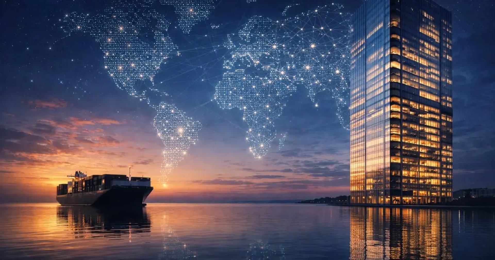  Twilight harbor with glowing glass skyscraper, cargo ship silhouette, and digital world map over calm water.