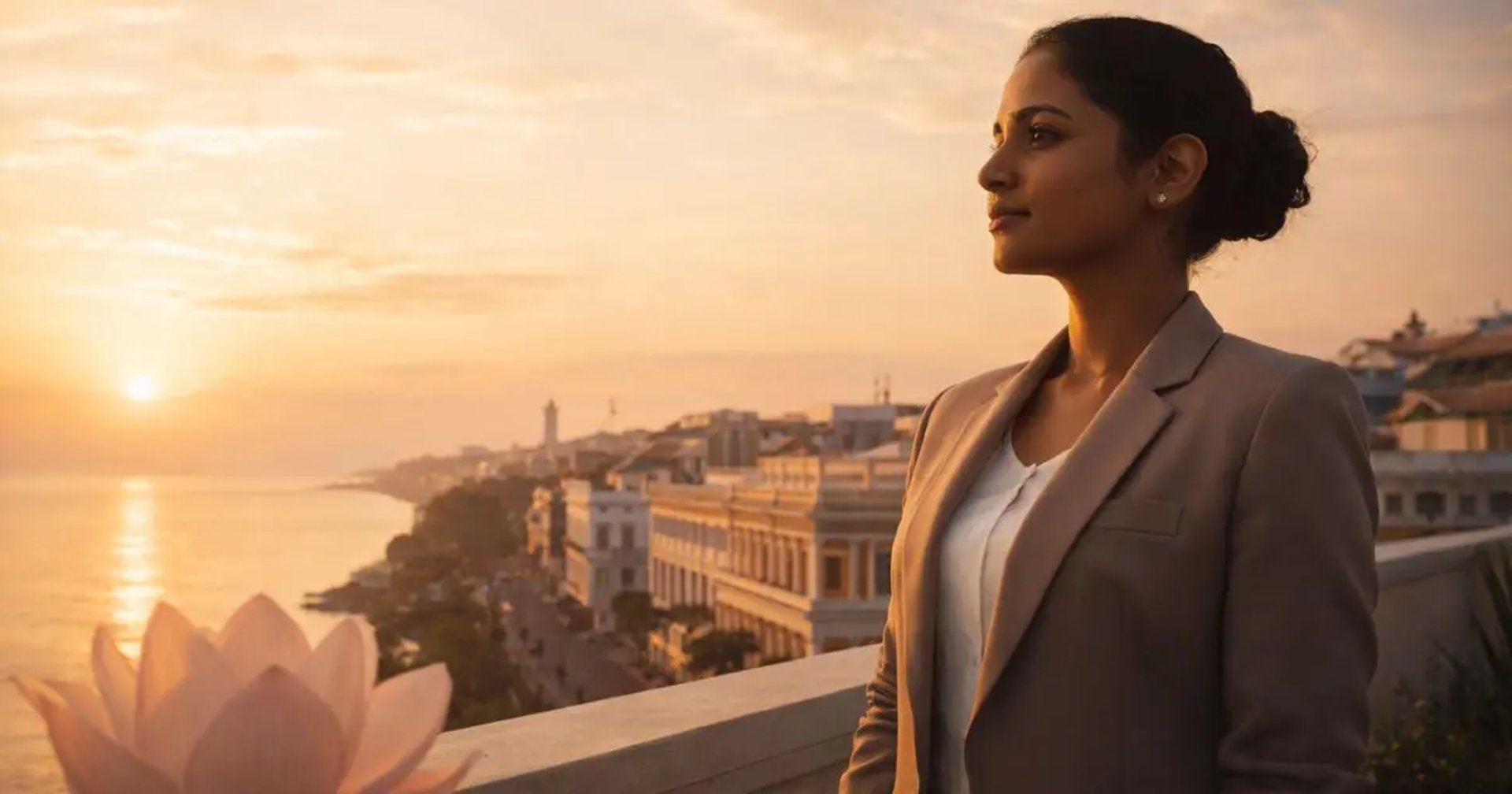 PG Diploma in Conscious Management: A professional woman on a sunlit Pondicherry terrace with a symbolic lotus at dawn.