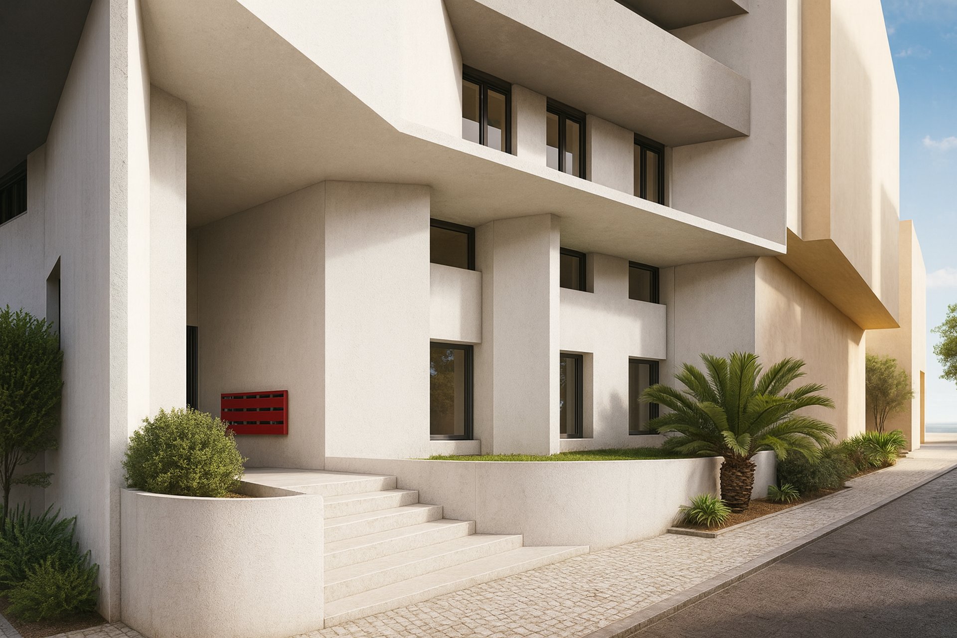 an abstract photo of a curved building with a blue sky in the background