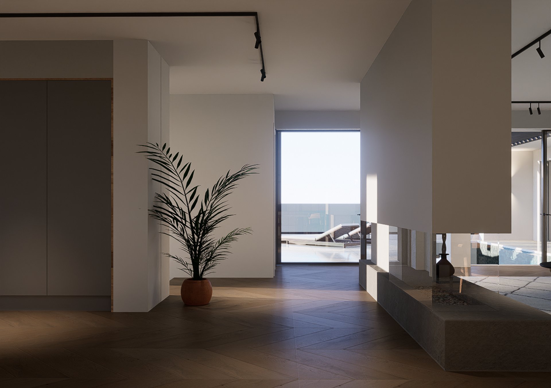 an abstract photo of a curved building with a blue sky in the background