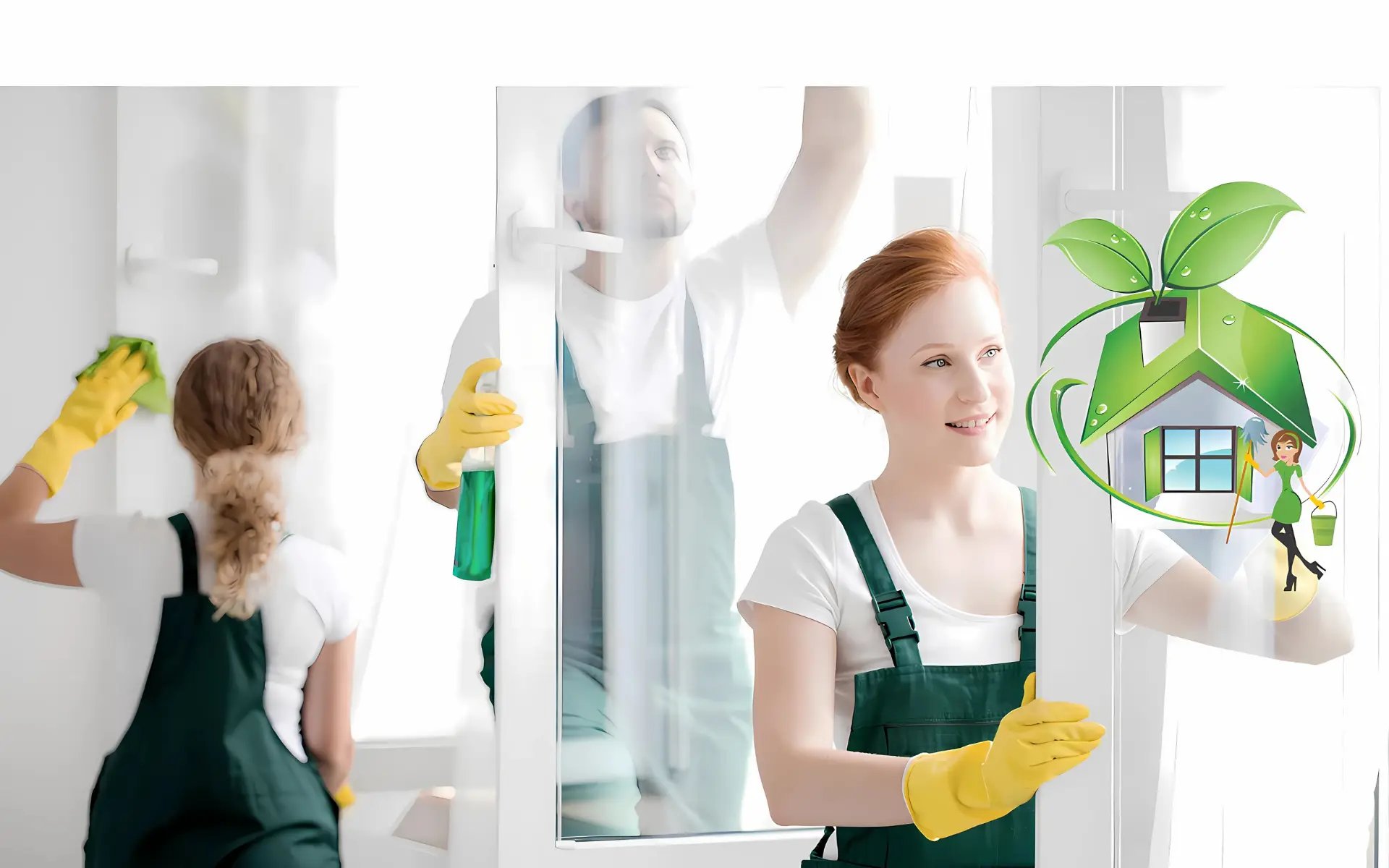 Team in green uniform cleaning glass windows & doors