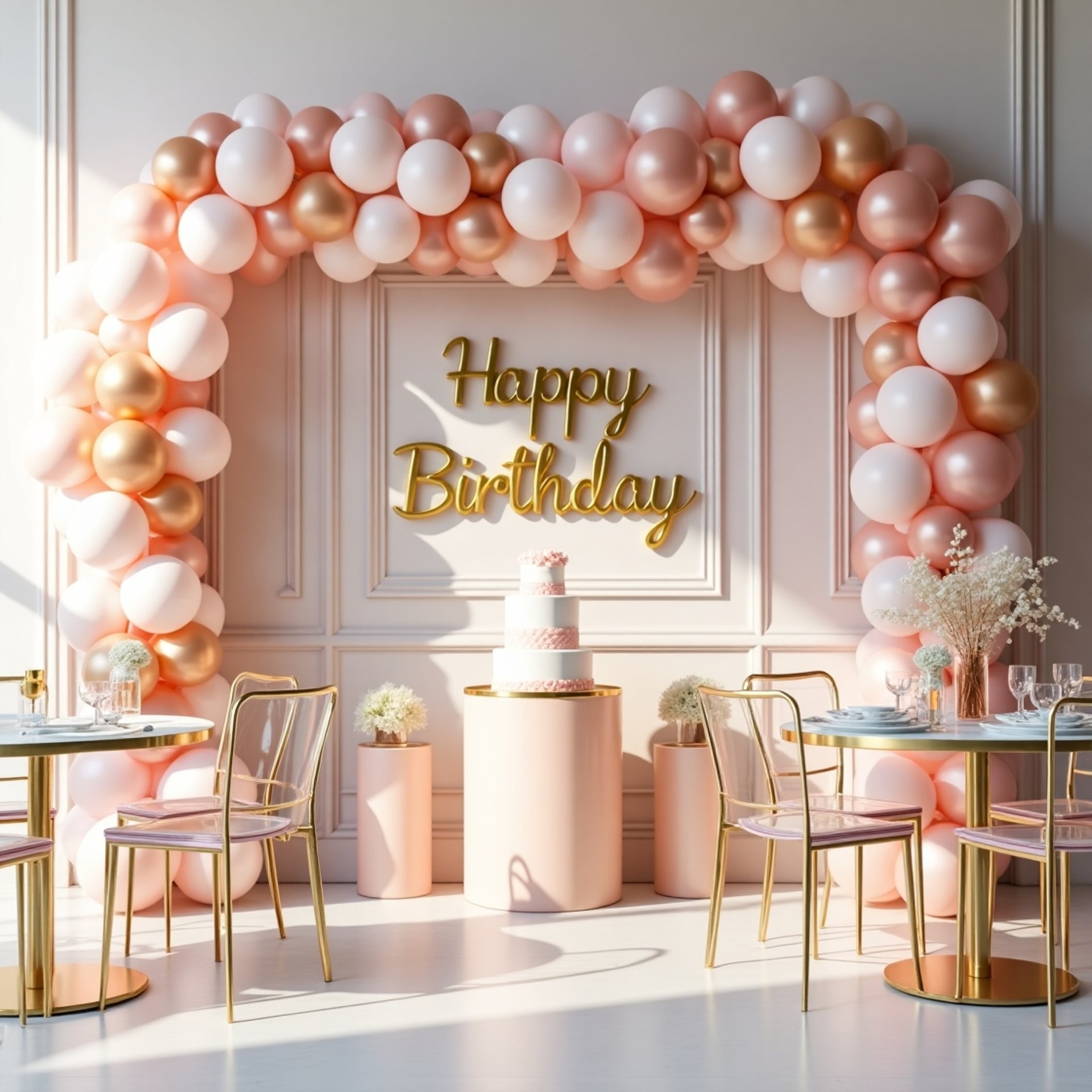Elegant indoor luxury birthday party setup featuring pastel balloon garlands, decorative cylinders, gold 'Happy Birthday' sig