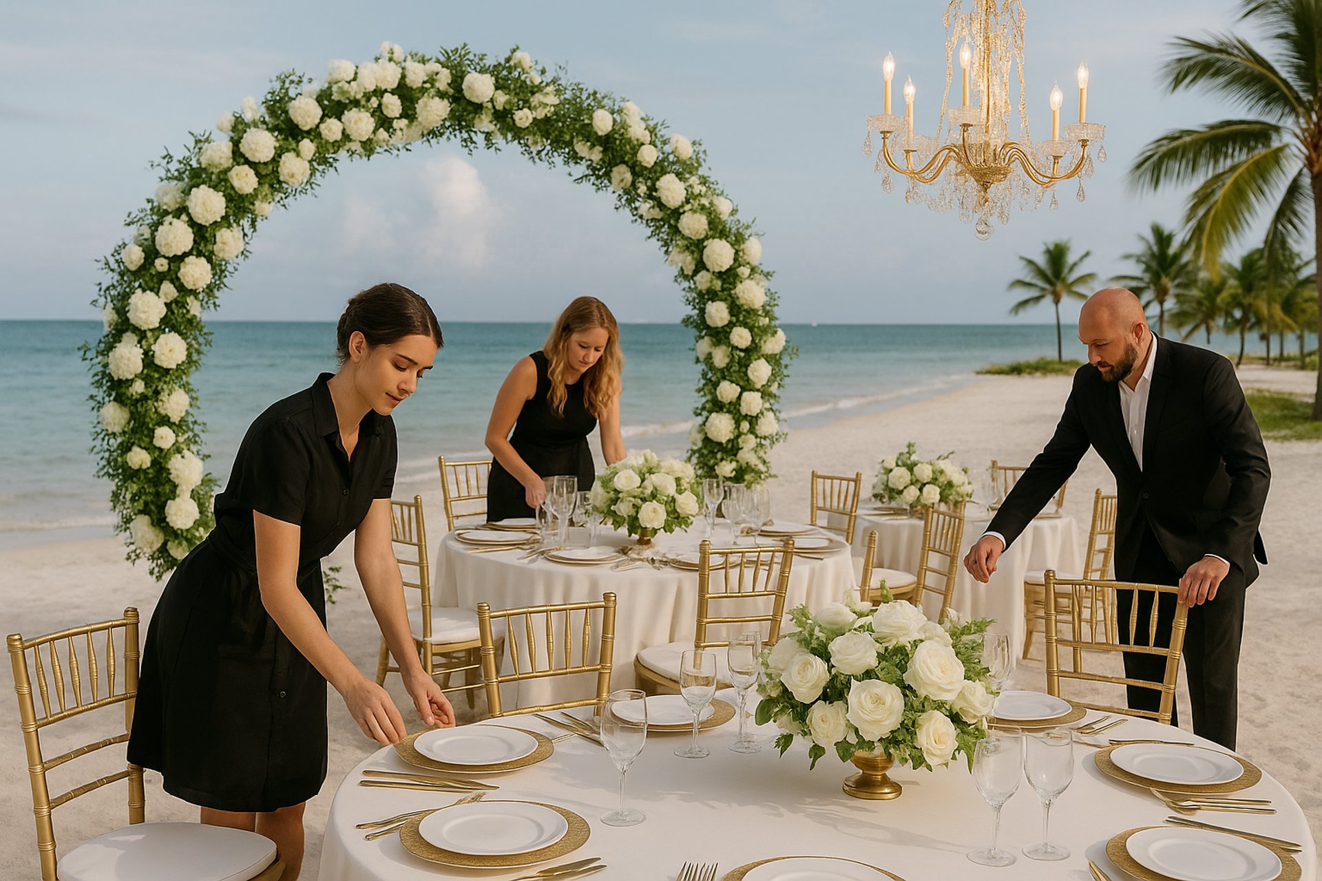 Elegant event planning team setting up luxury tables with floral arrangements and gold accents at an outdoor venue by Las Car