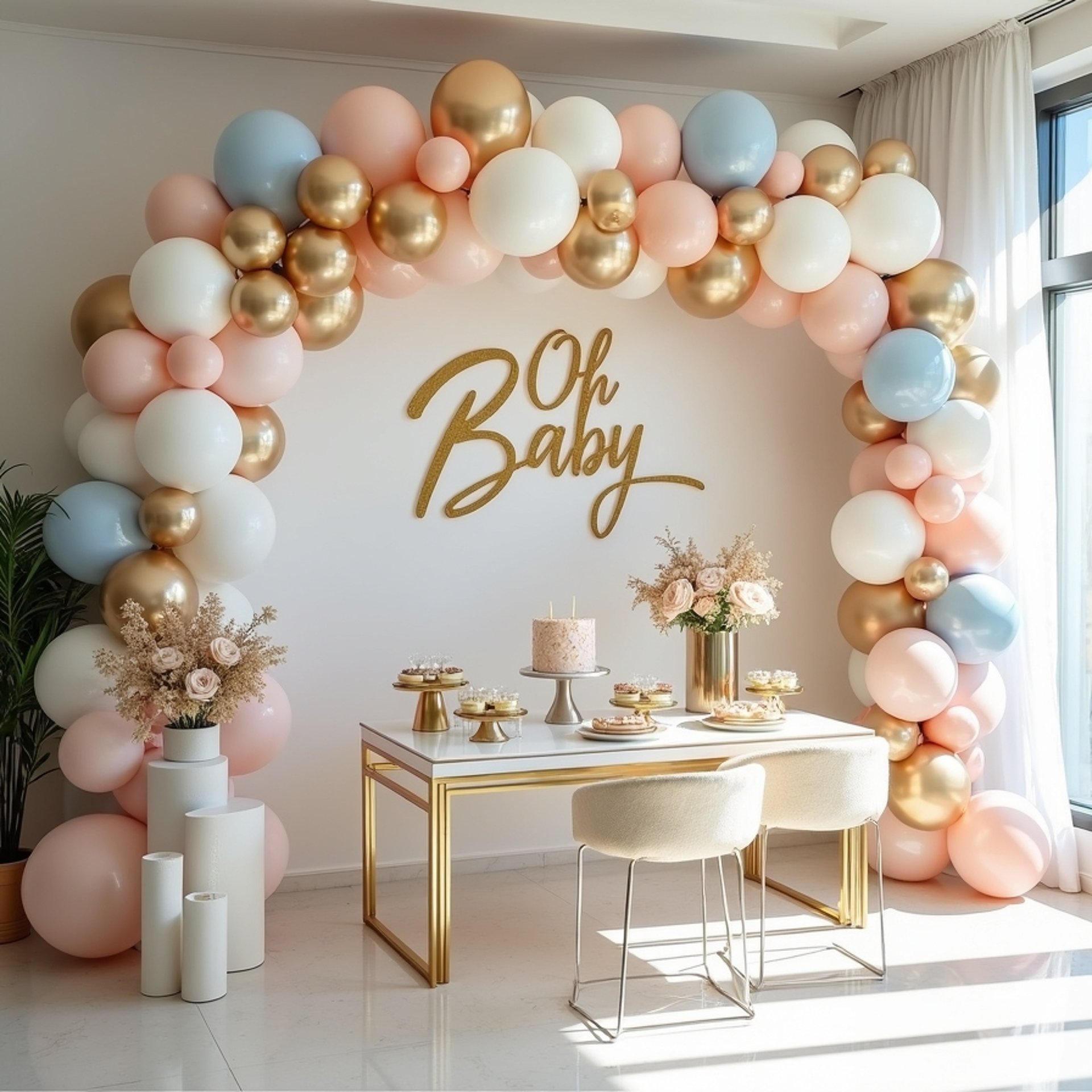 Elegant baby shower setup featuring 'Oh Baby' backdrop, pastel and metallic balloons, candy tables, and luxury furniture by L