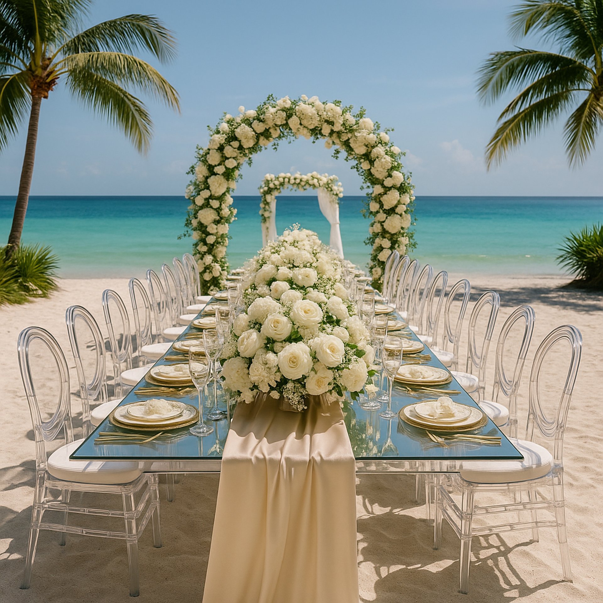 Luxury event setup with golden arch, white roses, Chiavari chairs, and crystal chandeliers in an elegant green setting