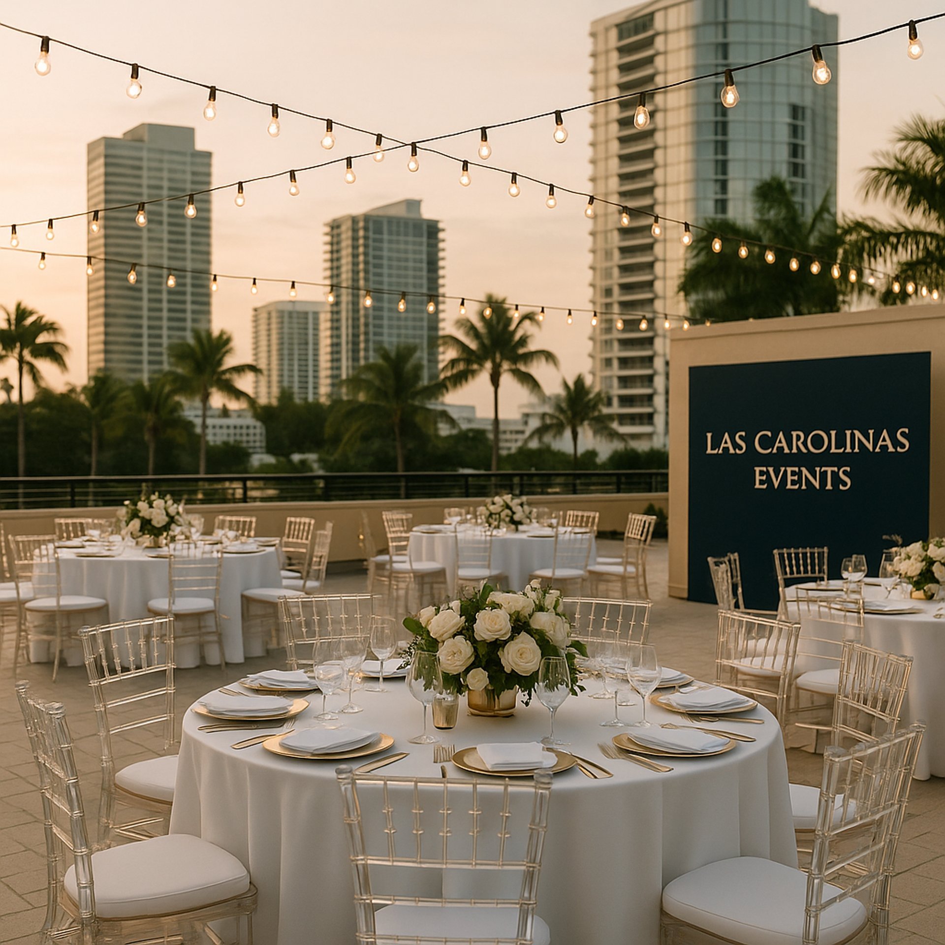 Elegant outdoor corporate event setup with luxury table settings, acrylic chairs, and refined floral arrangements by Las Caro