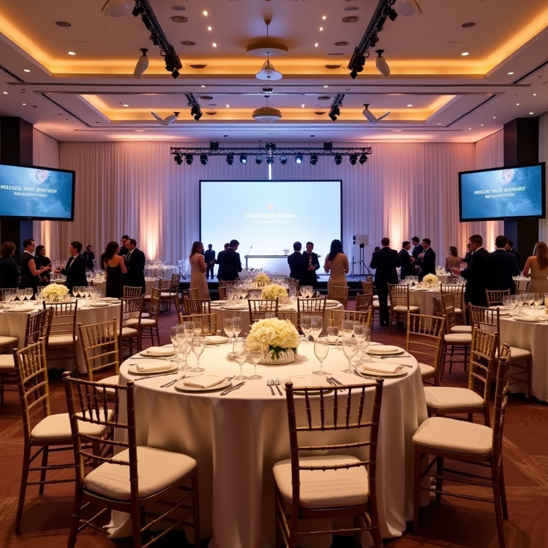 Luxury corporate event setup in Miami featuring elegant tables, gold Chiavari chairs, stage with LED screens, branded signage
