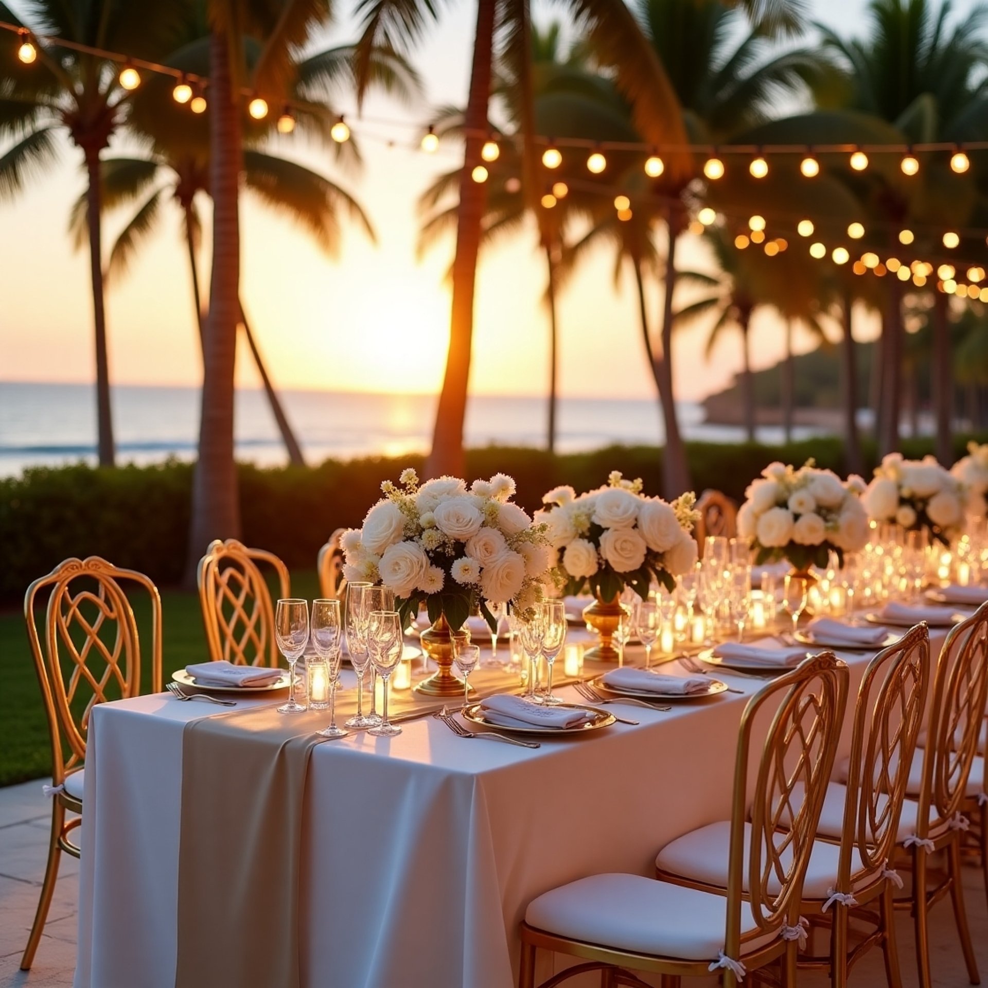 Elegant outdoor luxury event setup featuring acrylic tables, gold Chiavari chairs, blush and white floral centerpieces, and c