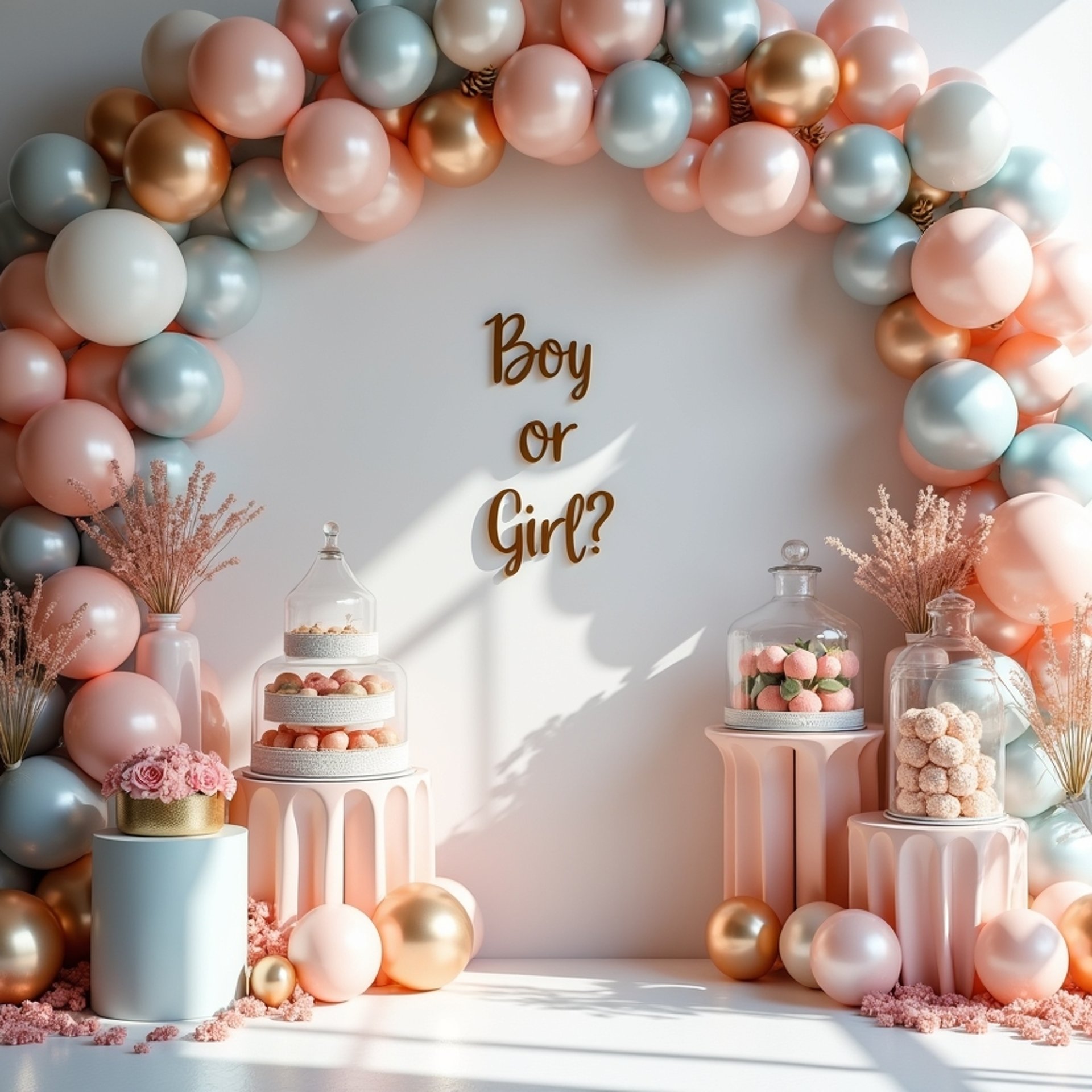 Elegant luxury gender reveal setup featuring 'Boy or Girl?' backdrop, pastel balloon garlands, luxury candy tables, and sophi