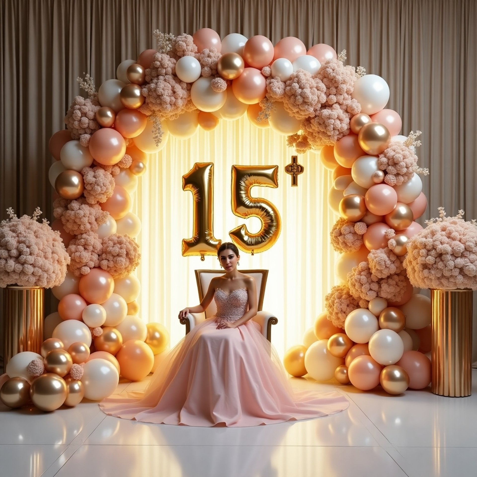 Luxury Quinceañera setup in Miami featuring floral arches, gold '15' numbers, metallic balloon garlands, and elegant throne c