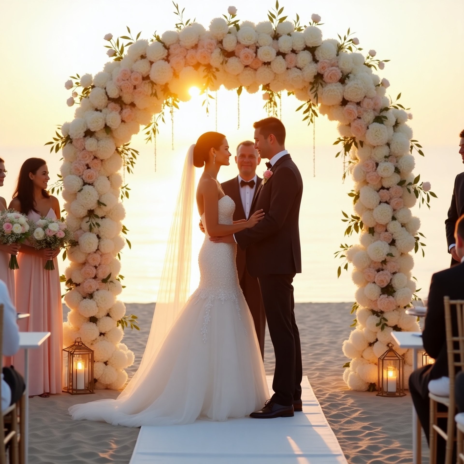 Elegant beachfront wedding ceremony in Miami with bride and groom exchanging vows under a floral arch, featuring luxury decor