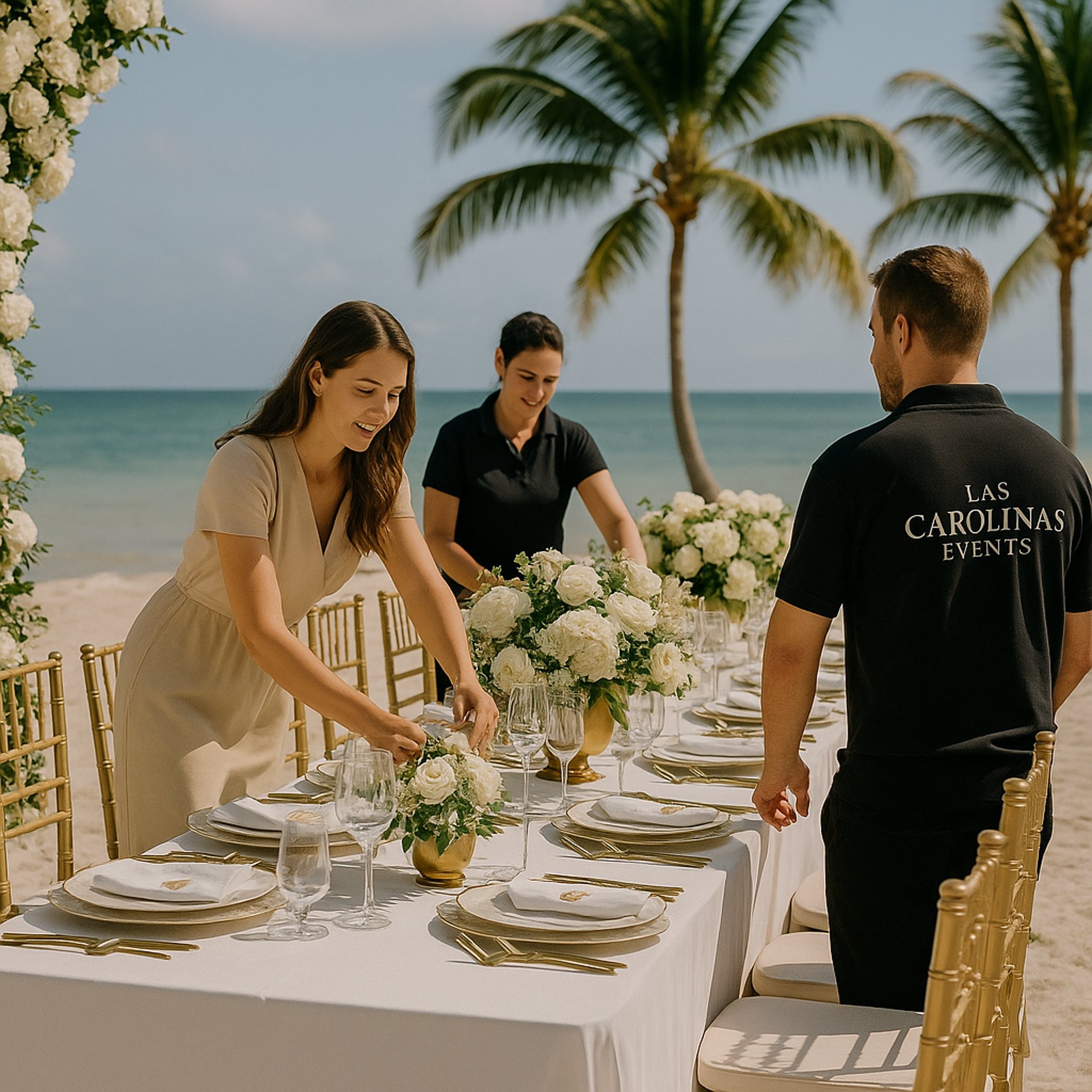 Elegant event setup with luxury floral arrangements and tropical outdoor ambiance, representing the beginning of Las Carolina