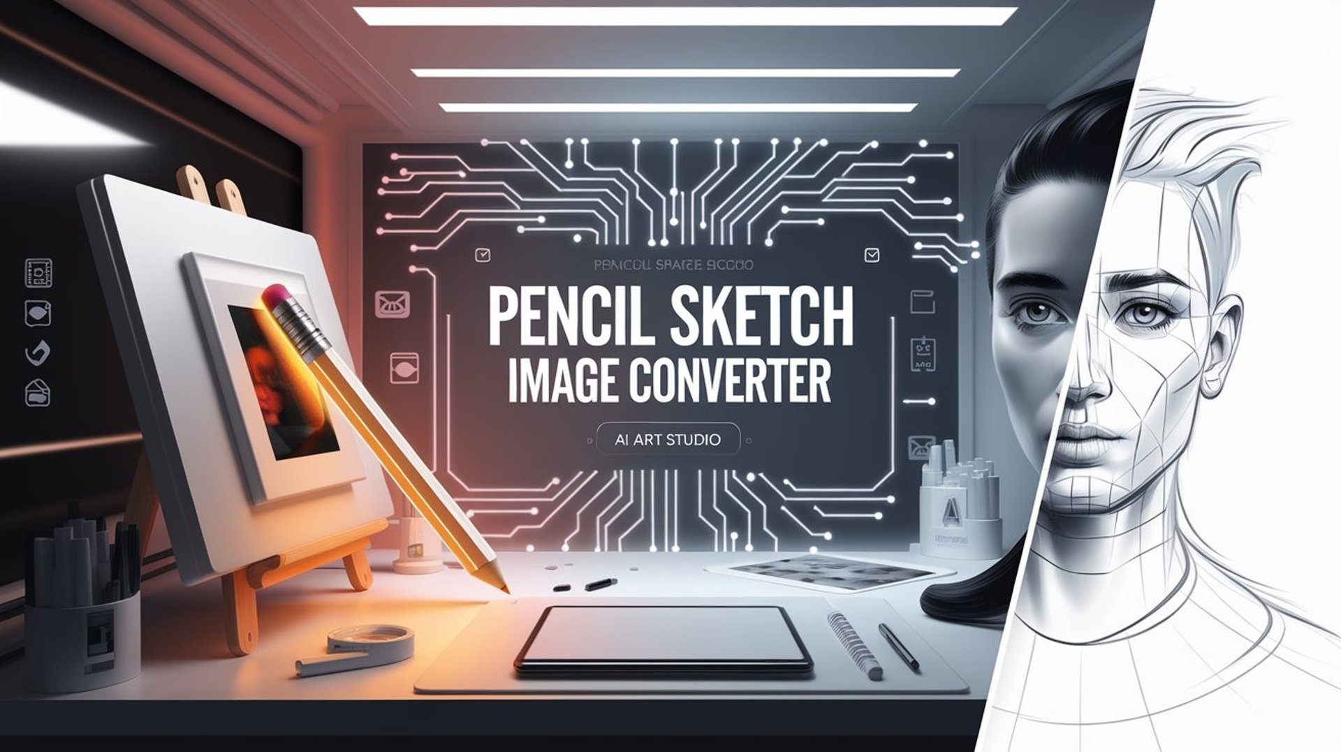 AI Art Studio Pencil Sketch Image Converter – Transform photos into pencil drawings with advanced AI in a futuristic digital 