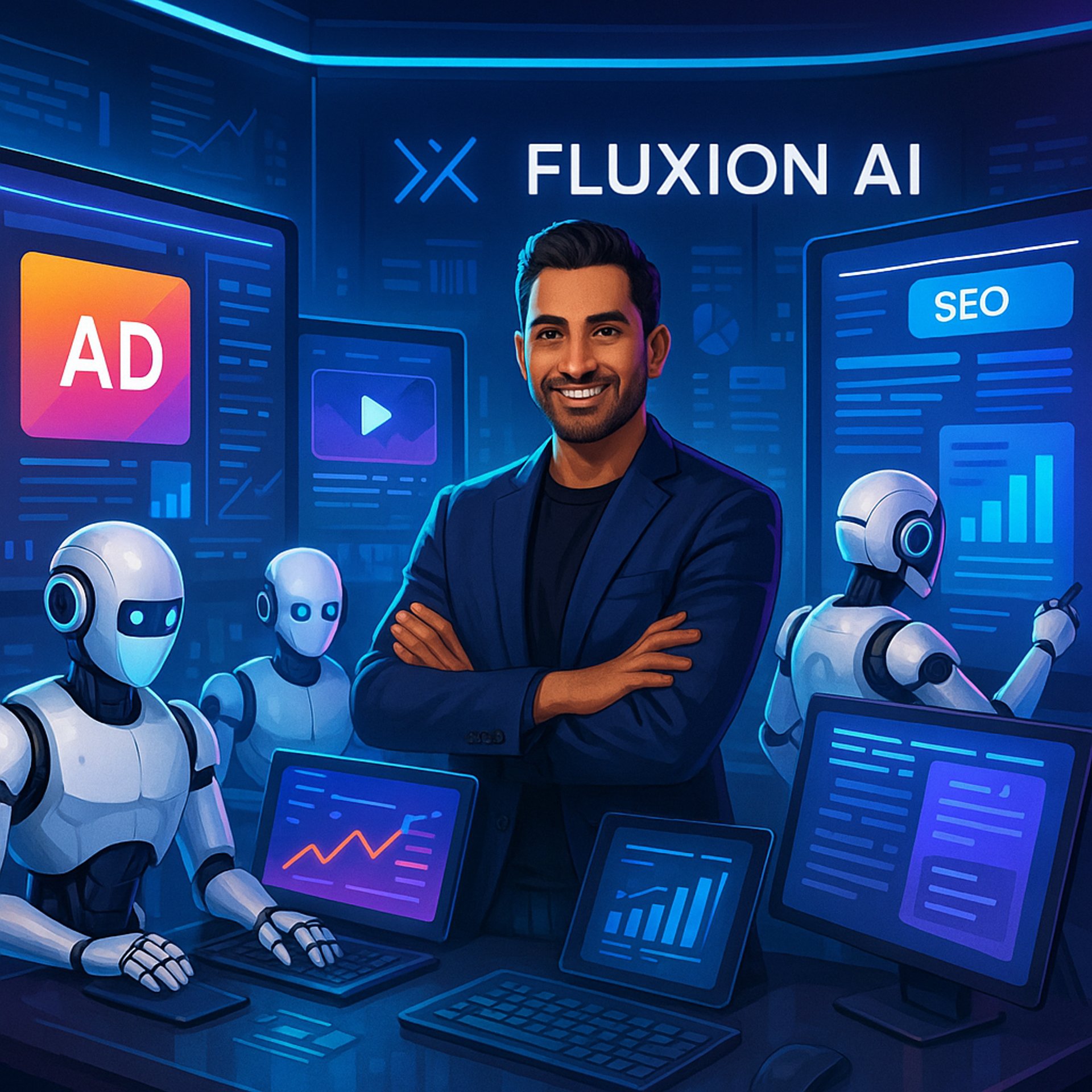 “A digital illustration showing a modern digital marketing scene with vibrant colors and social media elements.”