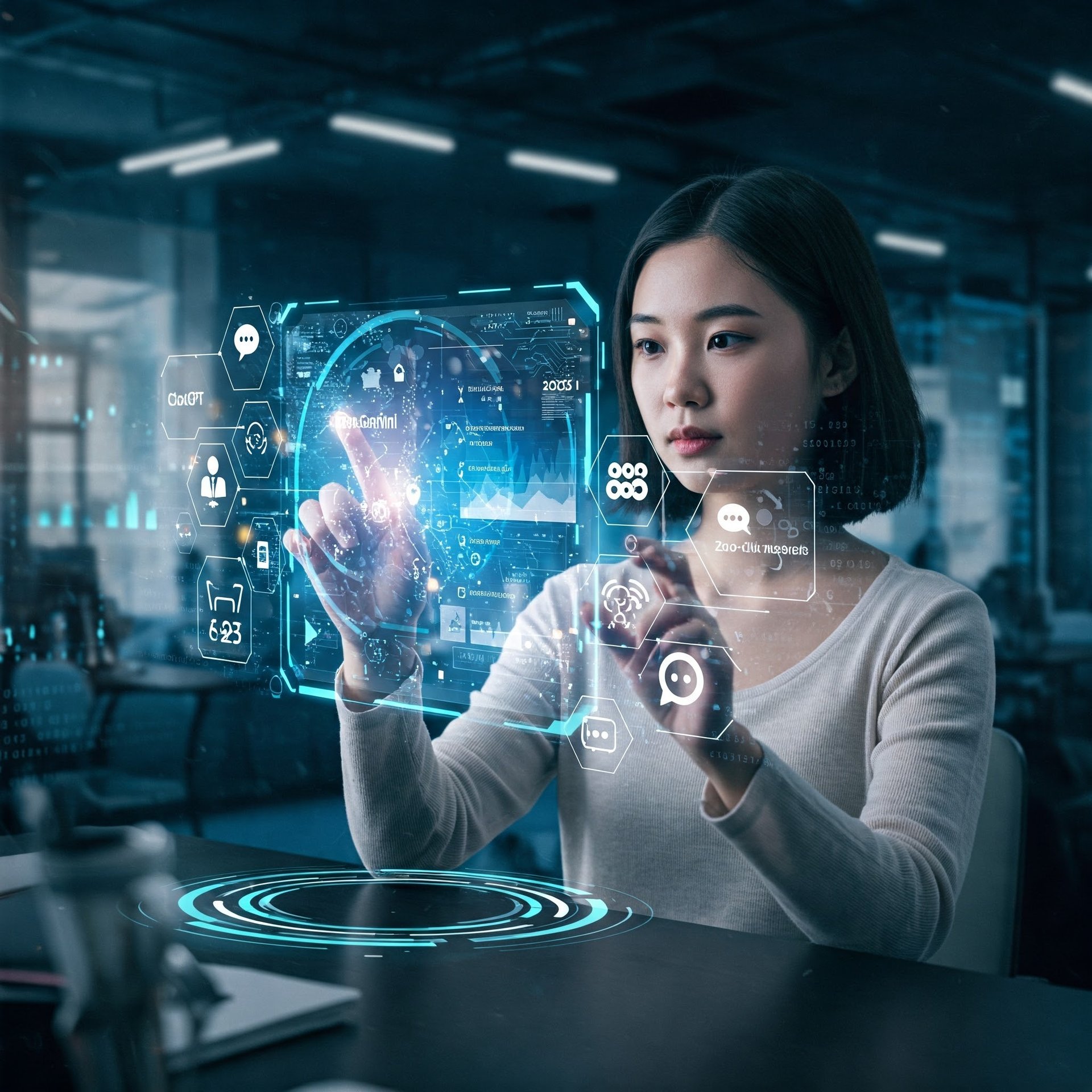 "A futuristic digital marketing concept scene showing a person using a holographic screen with AI icons like ChatGPT, Google 