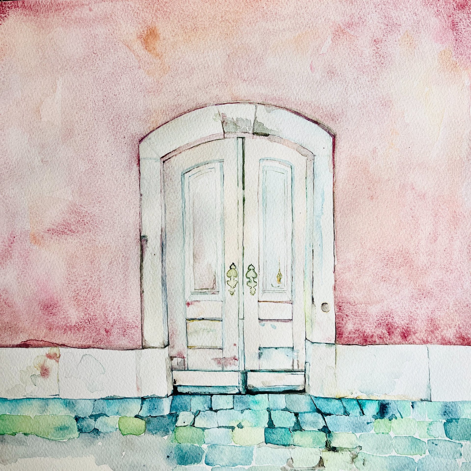 French Village House White Door Pink Wall Weronika Kacperski Watercolor
