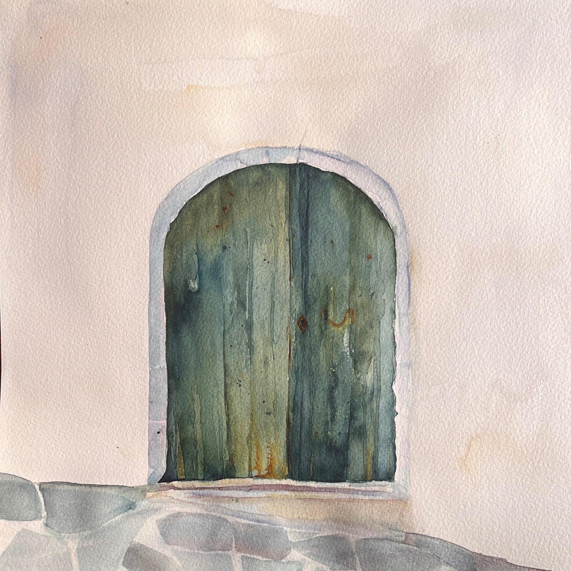 Deep green doorway in watercolour, 30 × 30 cm, from the Portes series by Weronika Kacperski