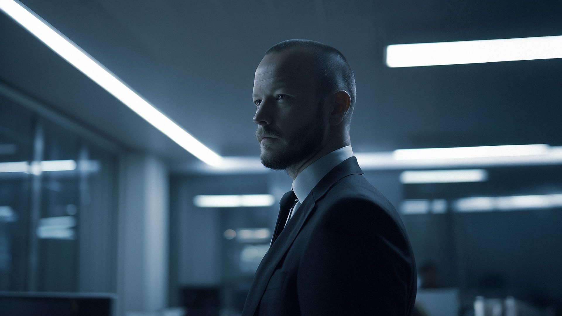 AI-generated cinematic corporate portrait in modern office setting, created with Promptism by Supermodernism. Cool lighting.