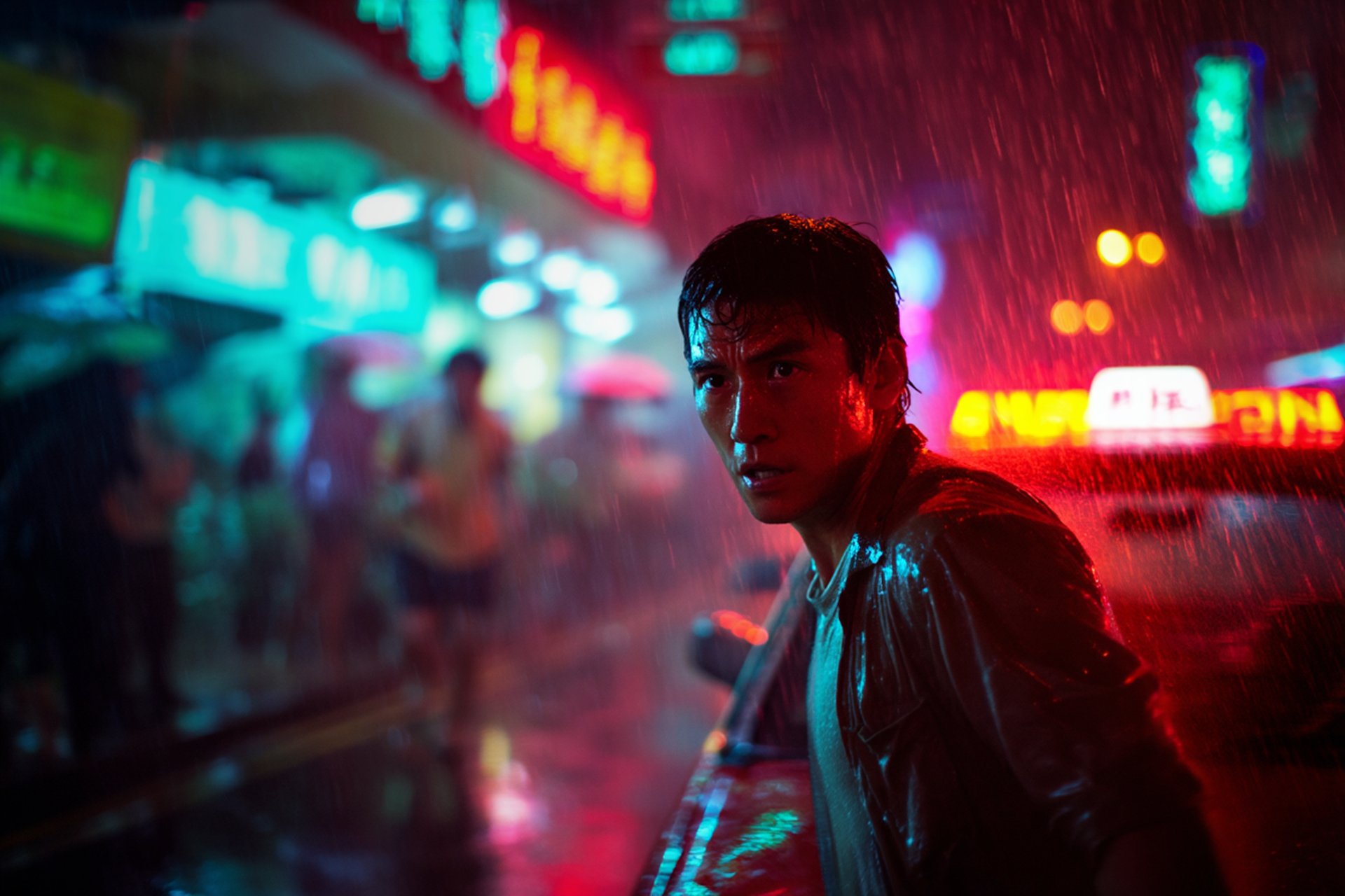 AI-generated cinematic scene of man in rain under neon lights – showcasing Promptism 02 by Supermodernism