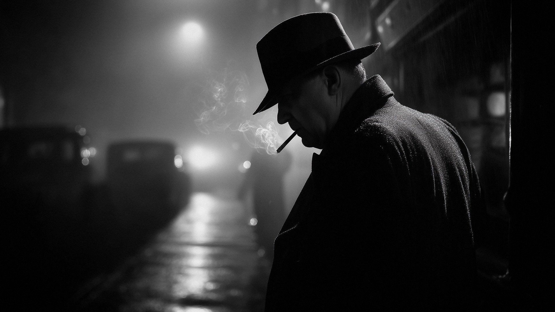 AI-generated analog noir scene created with Promptism by Supermodernism. Shadowed figure, film grain, smoke, vintage lighting