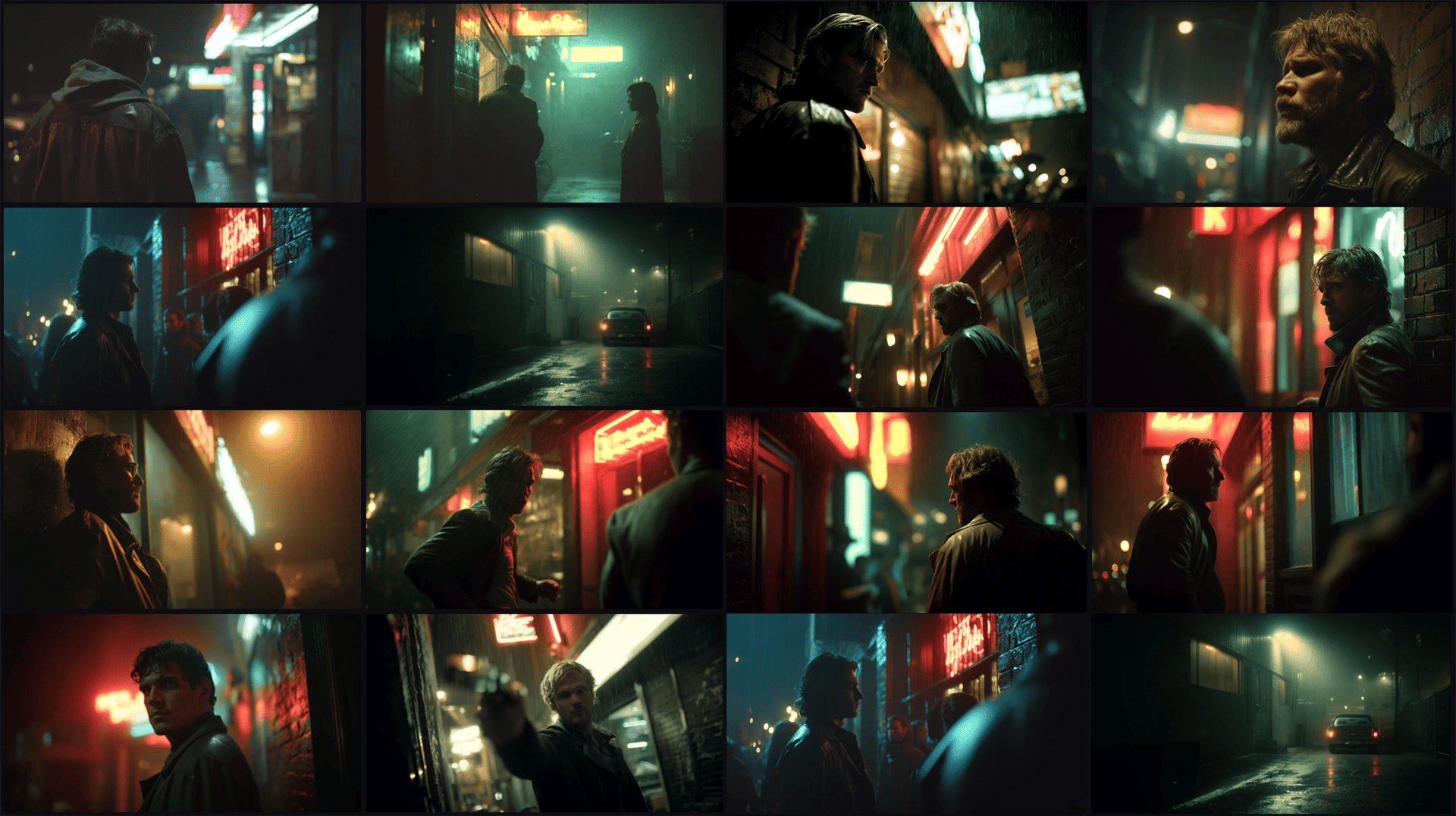 AI-generated cinematic scene of man in neon-lit alley at night during rain – made using Promptism by Supermodernism