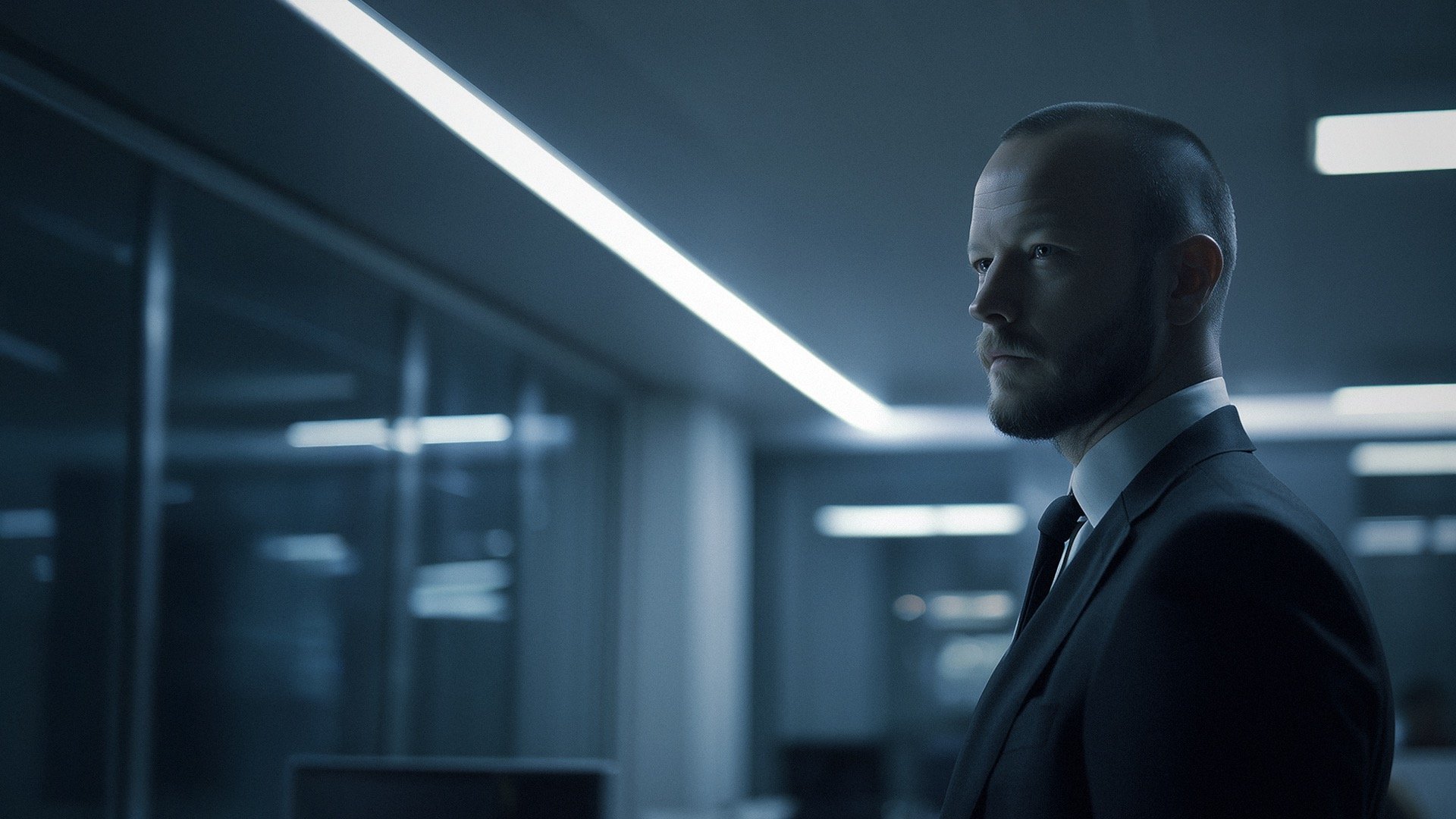 AI-generated cinematic corporate portrait in modern office setting, created with Promptism by Supermodernism. Cool lighting.