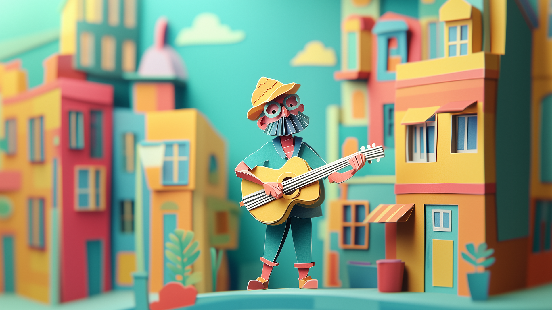 paper-cut guitarist stands in a colourful street. Promptism Illustration by Supermodernism — AI prompt builder for artists.