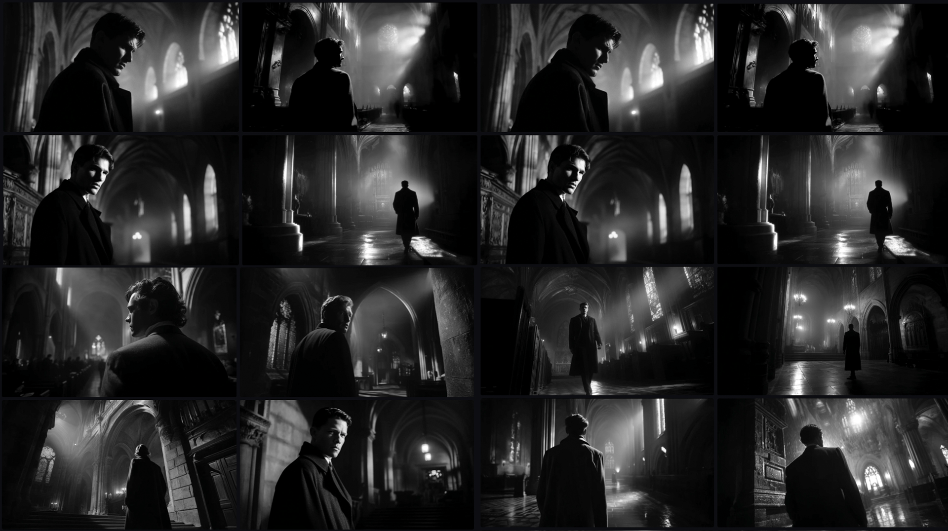 AI-generated black and white cinematic scene of man in gothic cathedral – made with Promptism by Supermodernism