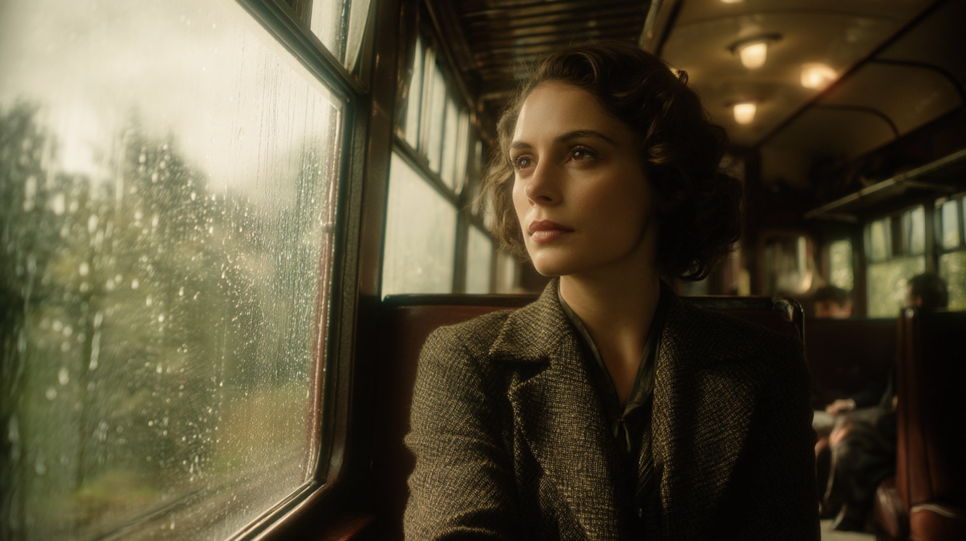 AI-generated cinematic portrait of woman on vintage train with rain-streaked window – made with Promptism by Supermodernis