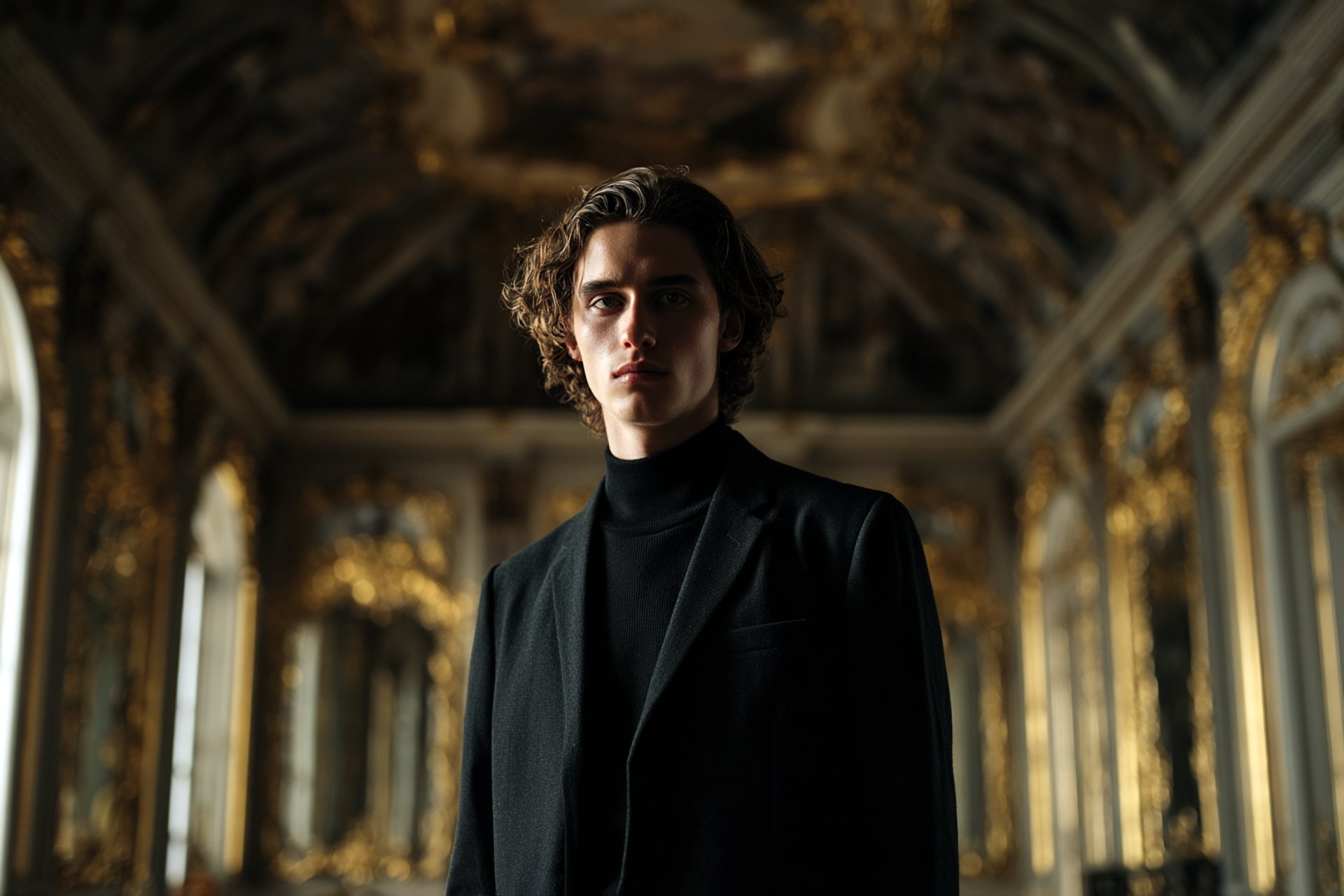 AI-generated portrait of European man in dark suit inside ornate palace – created using Promptism by Supermodernism