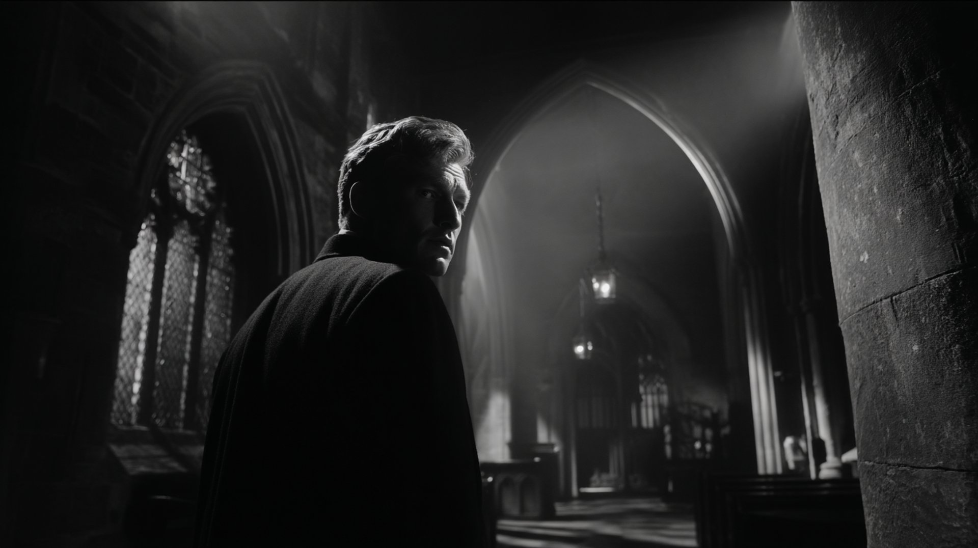 AI-generated black and white cinematic scene of man in gothic cathedral – made with Promptism by Supermodernism