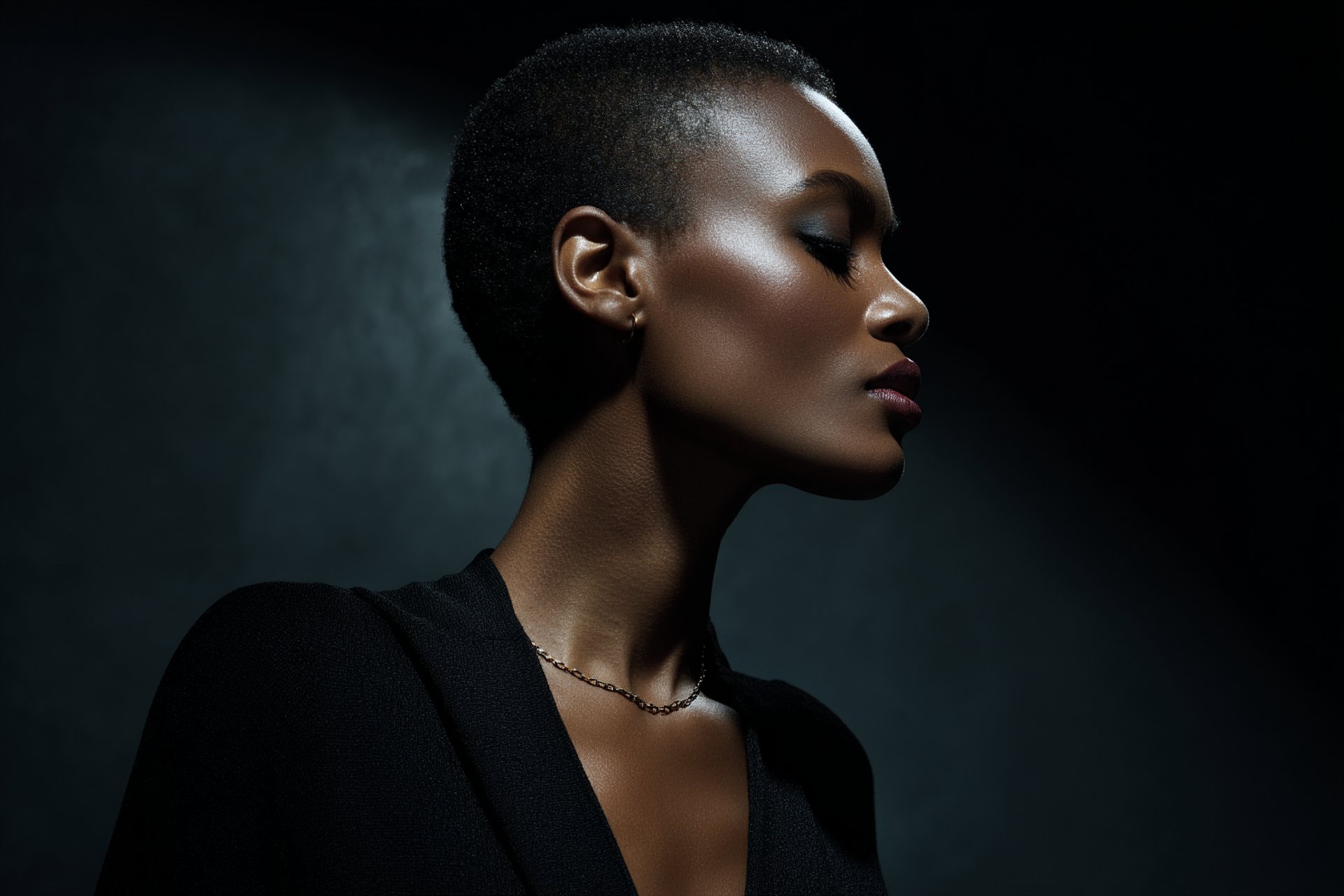 AI-generated portrait of an African woman in profile with cinematic lighting – created using Supermodernism's Promptism photo